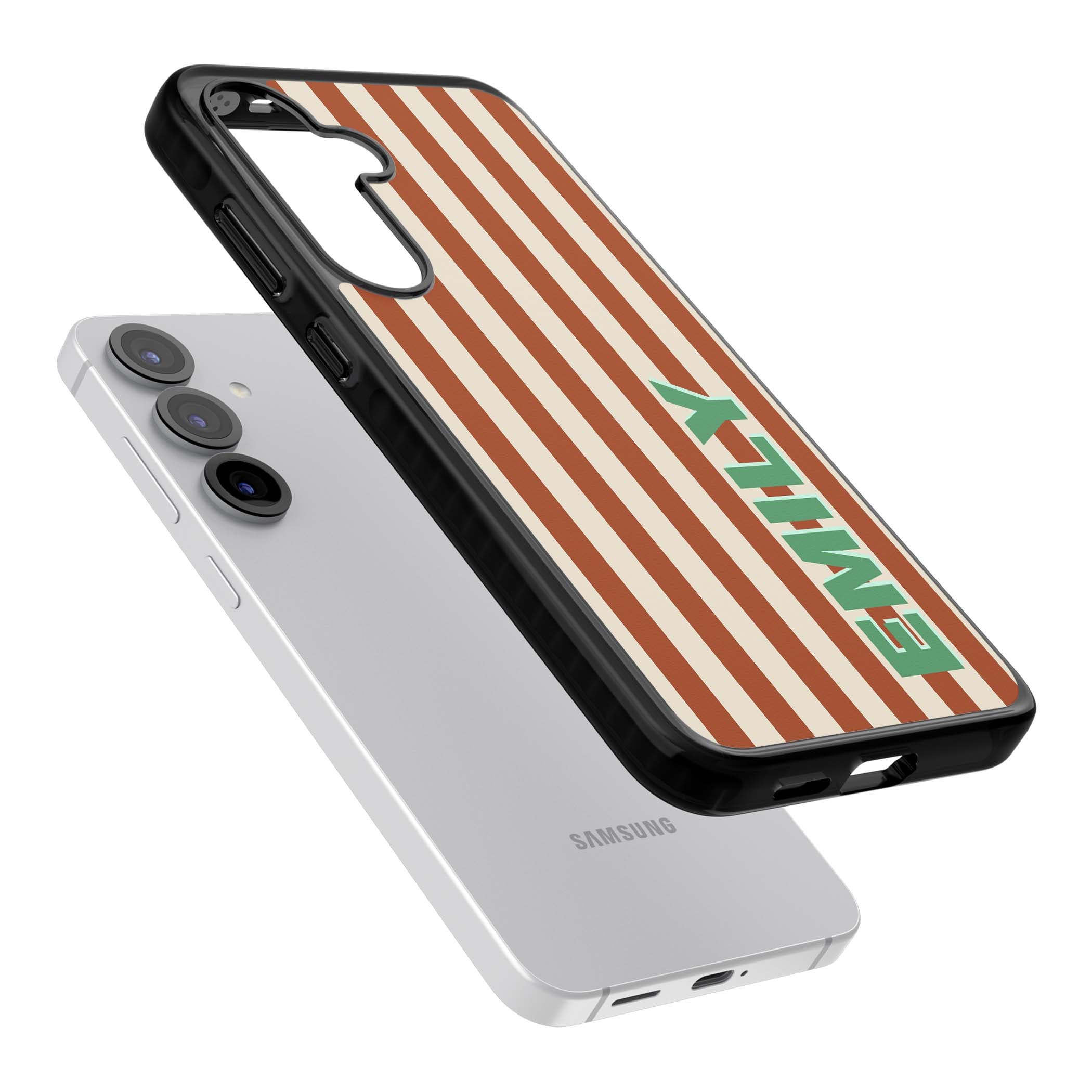Dune Stripe personalised iPhone case with rust and cream vertical stripes and custom name in mint green | Black Impact case for Samsung Galaxy S25, Samsung Galaxy S25 Plus