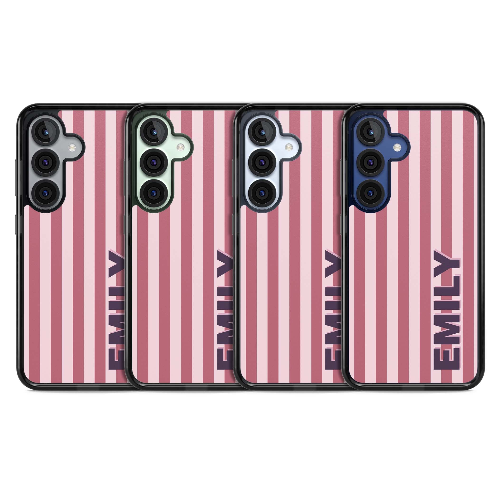Victoria Stripe personalised iPhone case featuring pink vertical stripes and custom name in bold plum lettering | Black Impact case for Samsung Galaxy S25, Samsung Galaxy S25 Plus