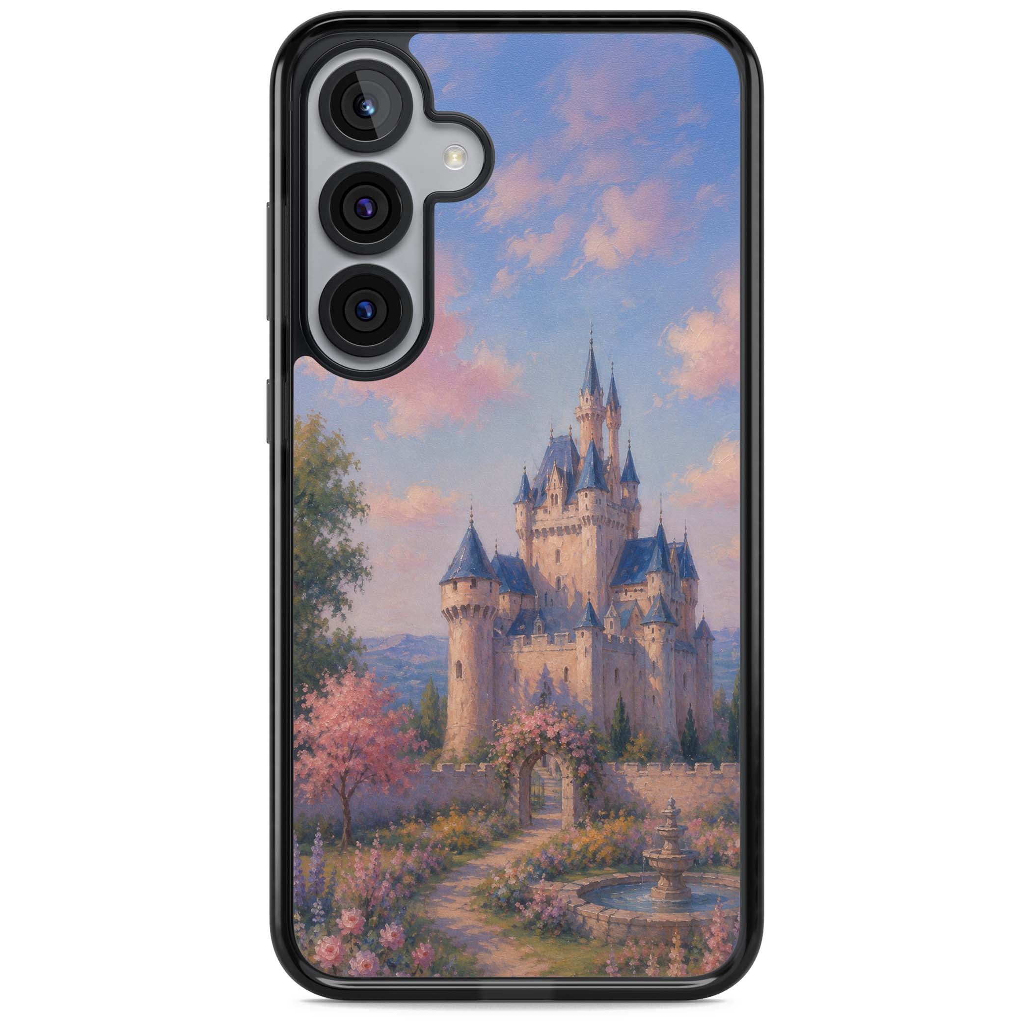 Enchanted Kingdom fairytale iPhone case featuring a romantic castle painting with cherry blossoms and pastel pink sky | Black Impact case for Samsung Galaxy S25, Samsung Galaxy S25 Plus
