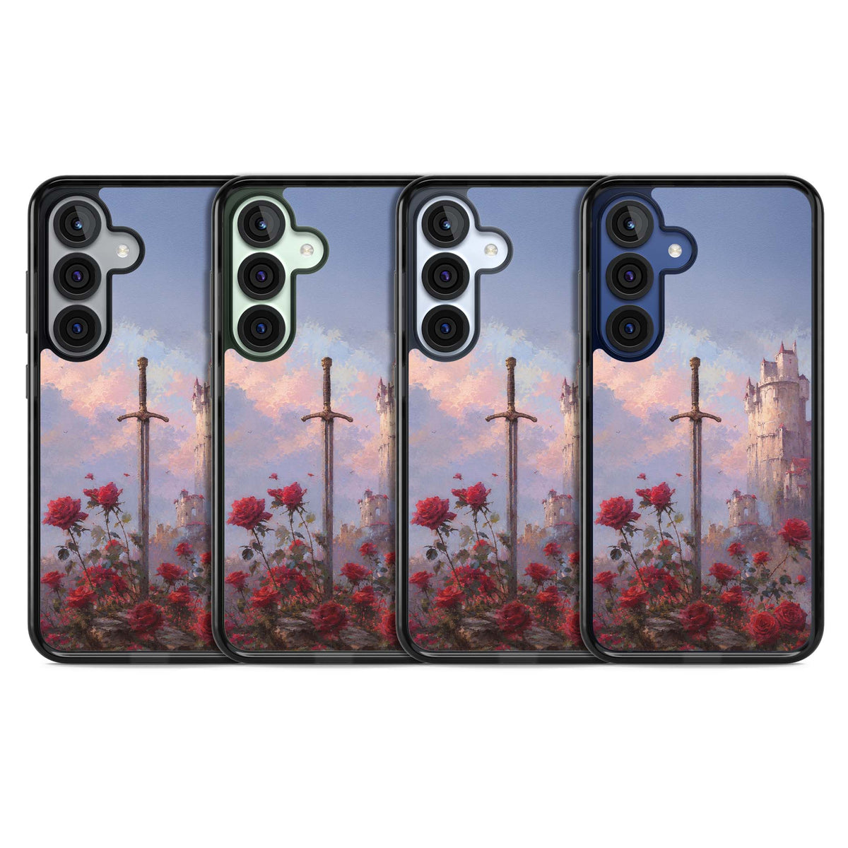 Sword in Roses medieval art iPhone case featuring a sword, red roses, and a misty fairytale castle at sunset | Black Impact case for Samsung Galaxy S25, Samsung Galaxy S25 Plus