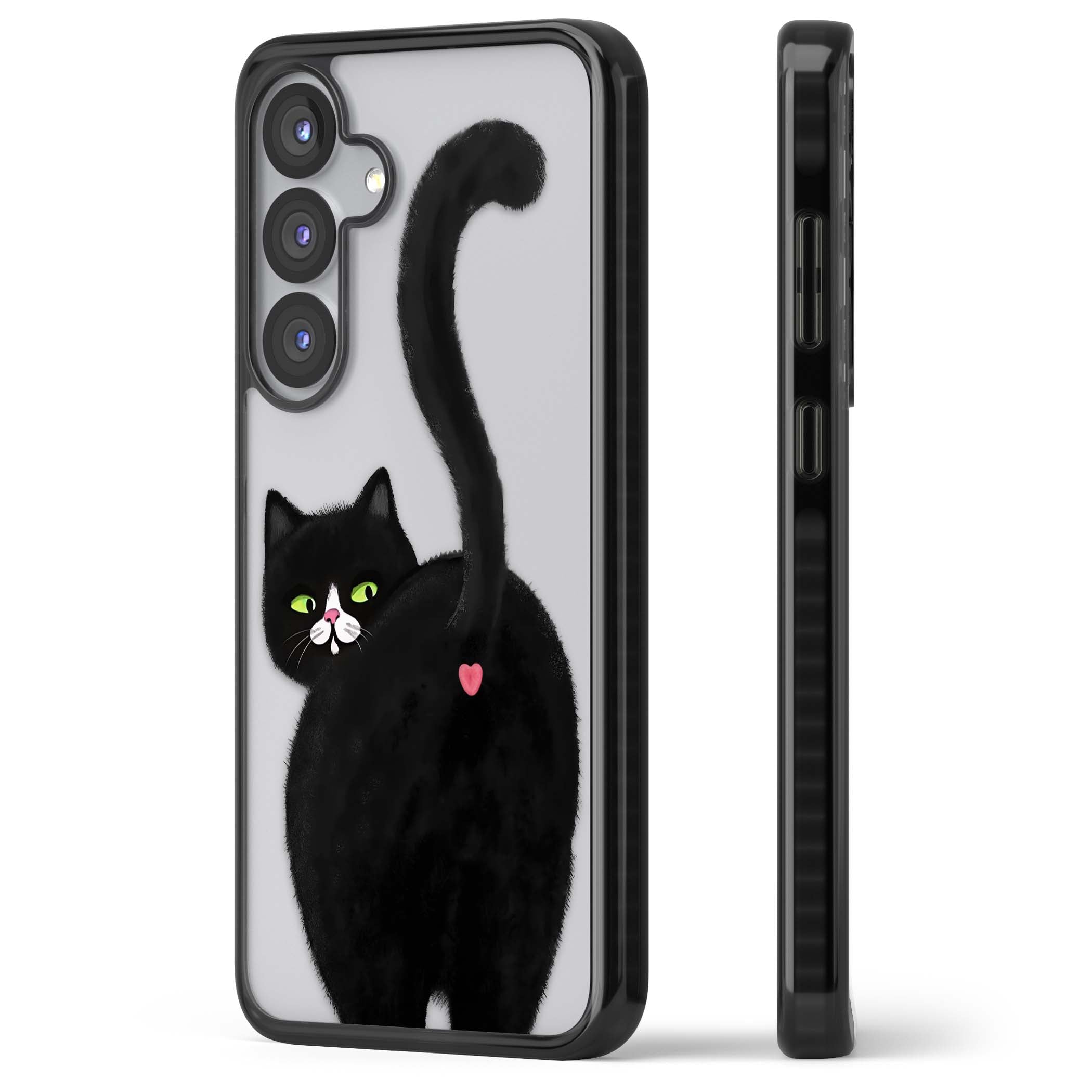 The Cat's Kiss cute cat iPhone case featuring a hand-painted tuxedo kitty with green eyes and a pink heart on a clear  | Black Impact case for Samsung Galaxy S25, Samsung Galaxy S25 Plus
