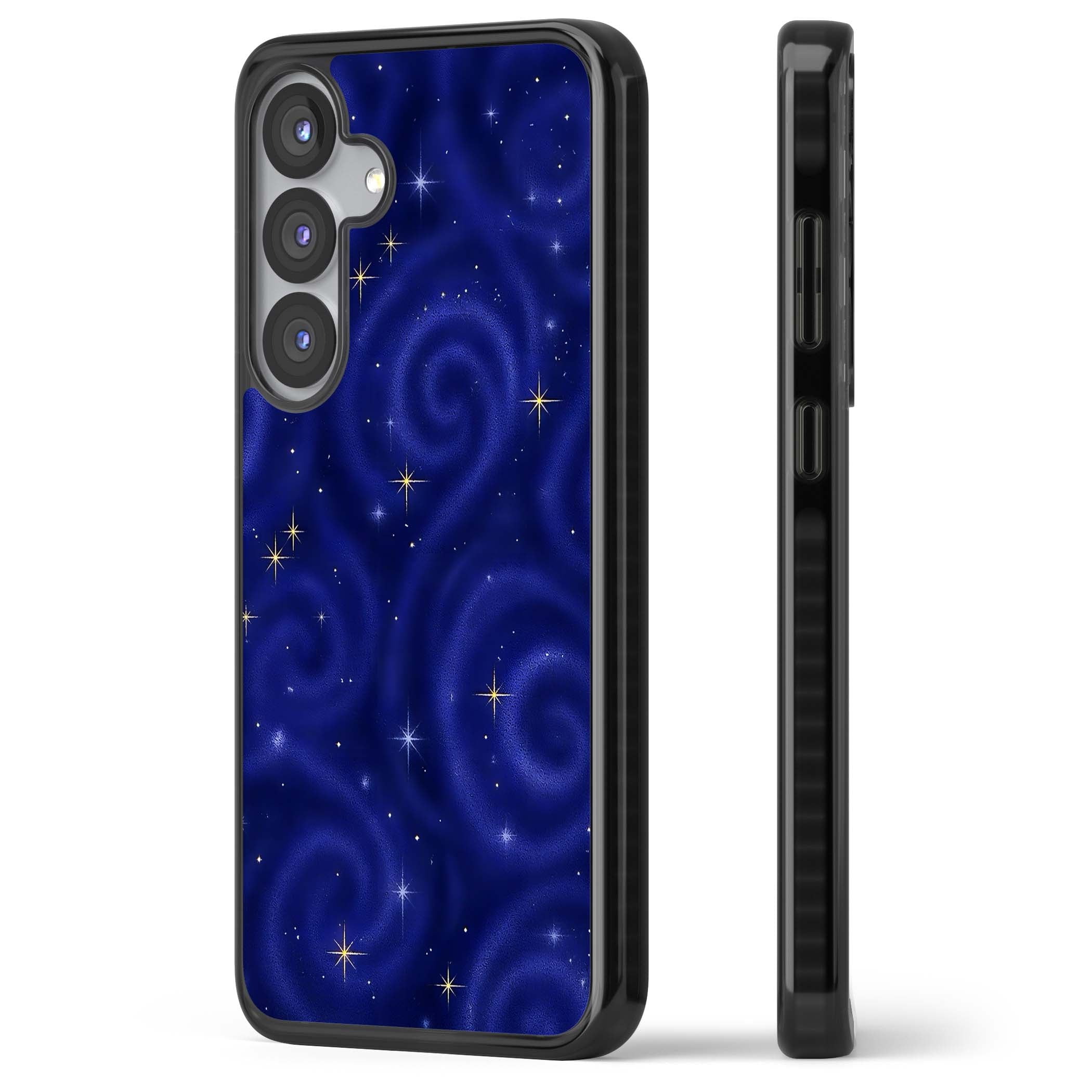 Indigo Cosmos celestial iPhone case featuring swirling navy night sky and sparkling golden stars | Black Impact case for Samsung Galaxy S25, Samsung Galaxy S25 Plus