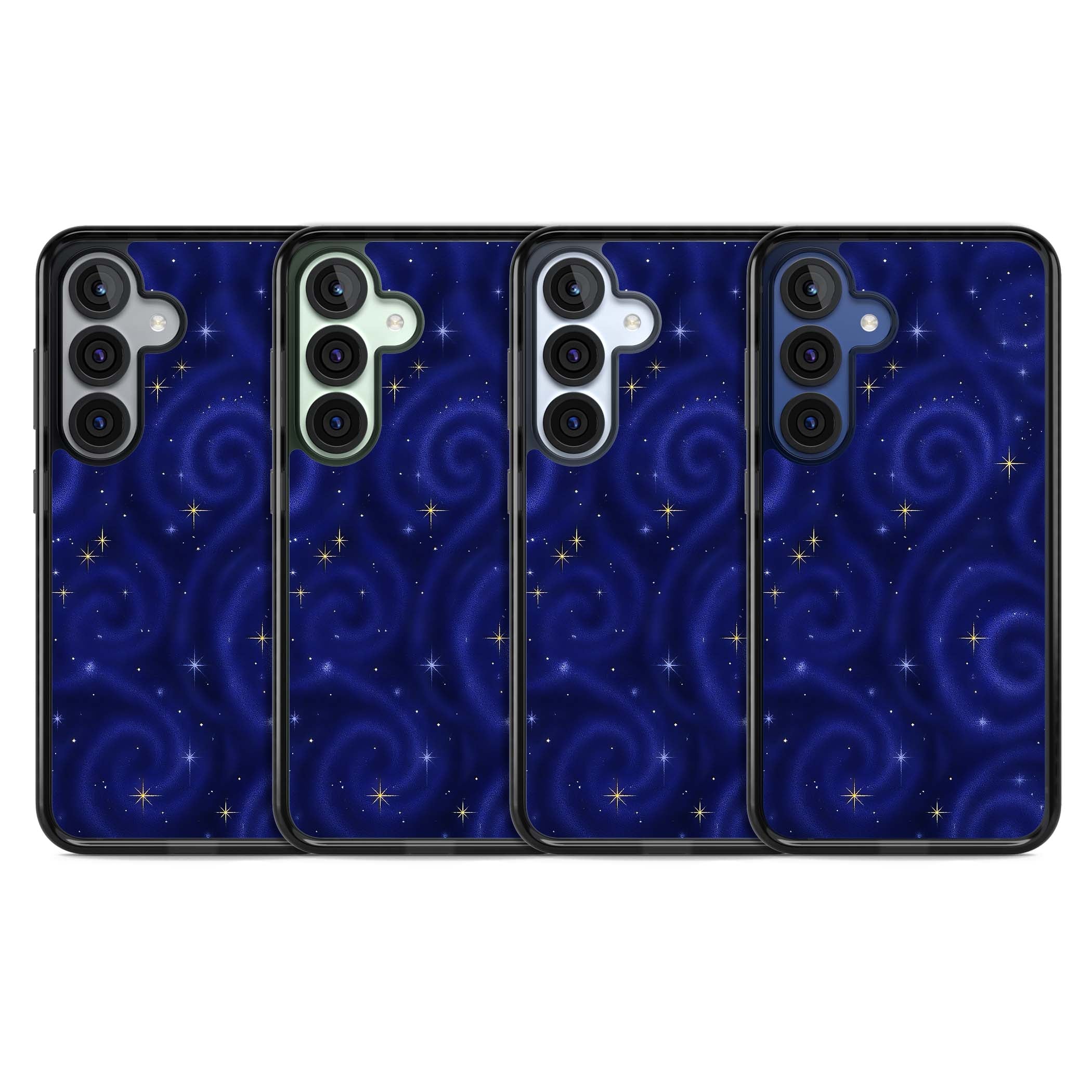 Indigo Cosmos celestial iPhone case featuring swirling navy night sky and sparkling golden stars | Black Impact case for Samsung Galaxy S25, Samsung Galaxy S25 Plus