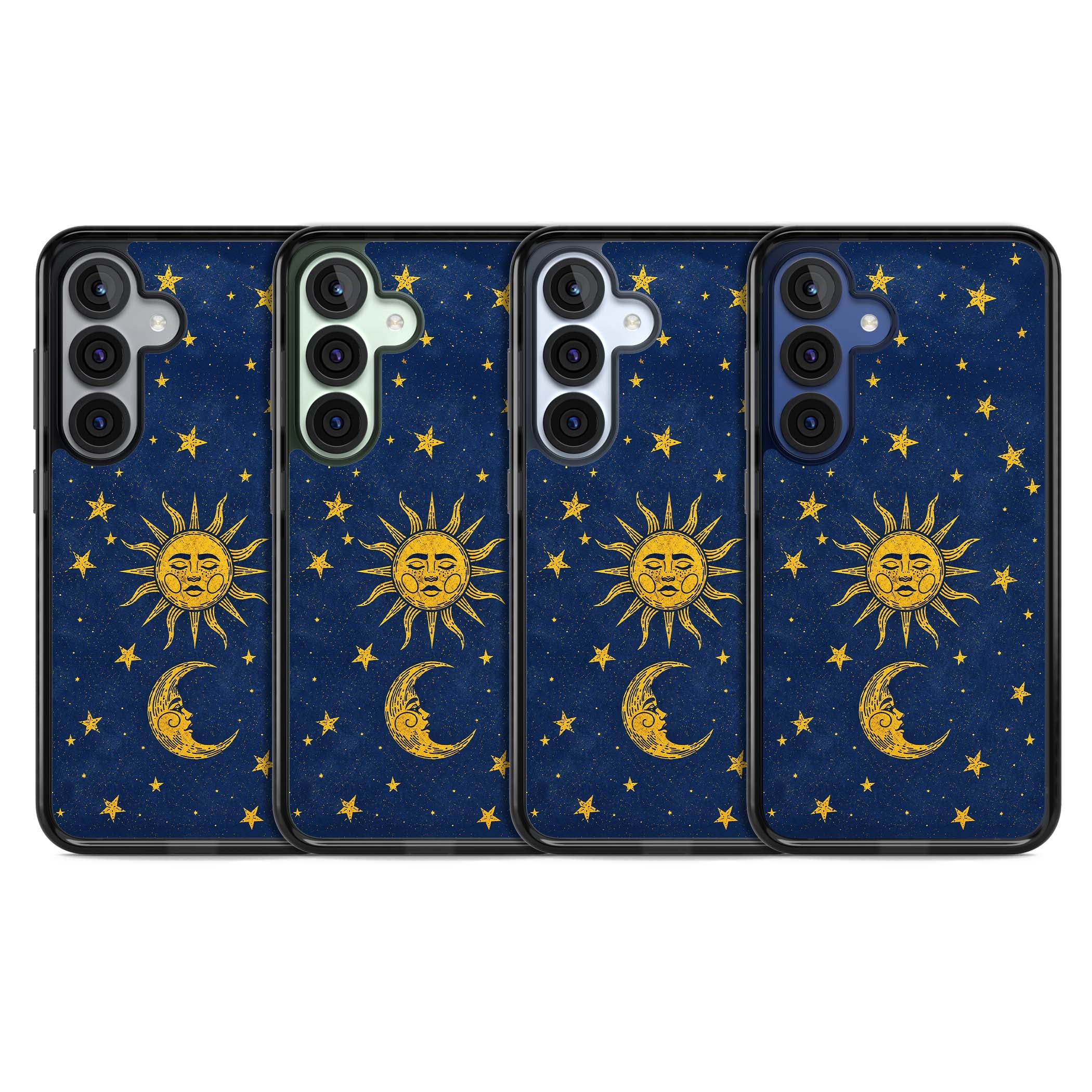 Sun & Moon Reverie celestial iPhone case featuring a vintage golden sun, crescent moon and scattered stars on midnight blue | Black Impact case for Samsung Galaxy S25, Samsung Galaxy S25 Plus