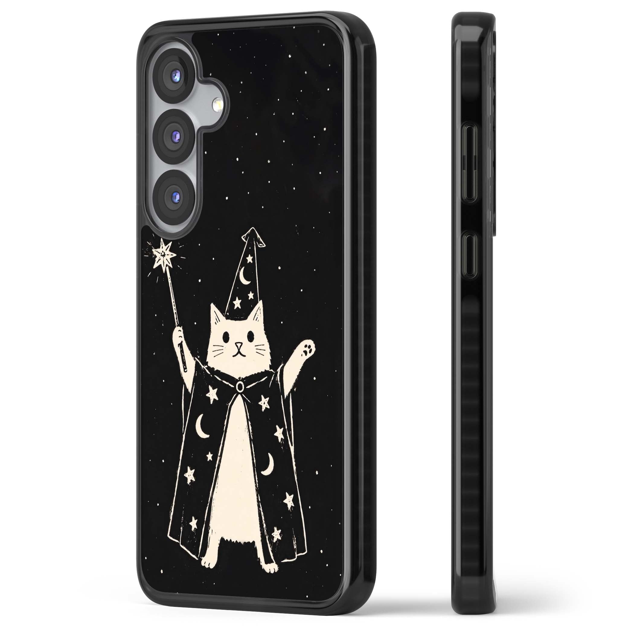 Whisker Wizard celestial cat iPhone case featuring a wizard cat with magic wand, starry night sky and crescent moons | Black Impact case for Samsung Galaxy S25, Samsung Galaxy S25 Plus
