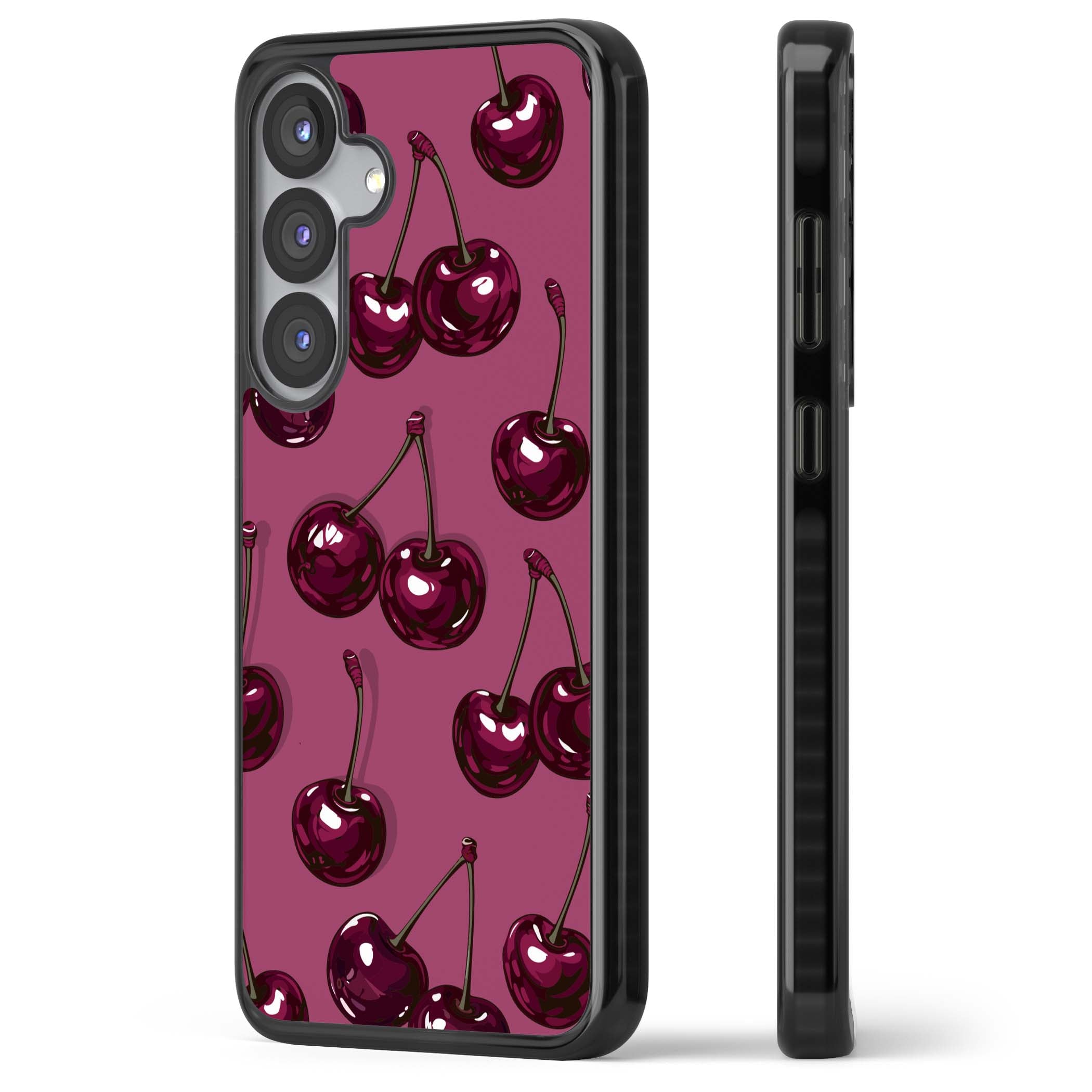 Cherry Soda coquette iPhone case featuring glossy burgundy cherries on a dusty pink background | Black Impact case for Samsung Galaxy S25, Samsung Galaxy S25 Plus