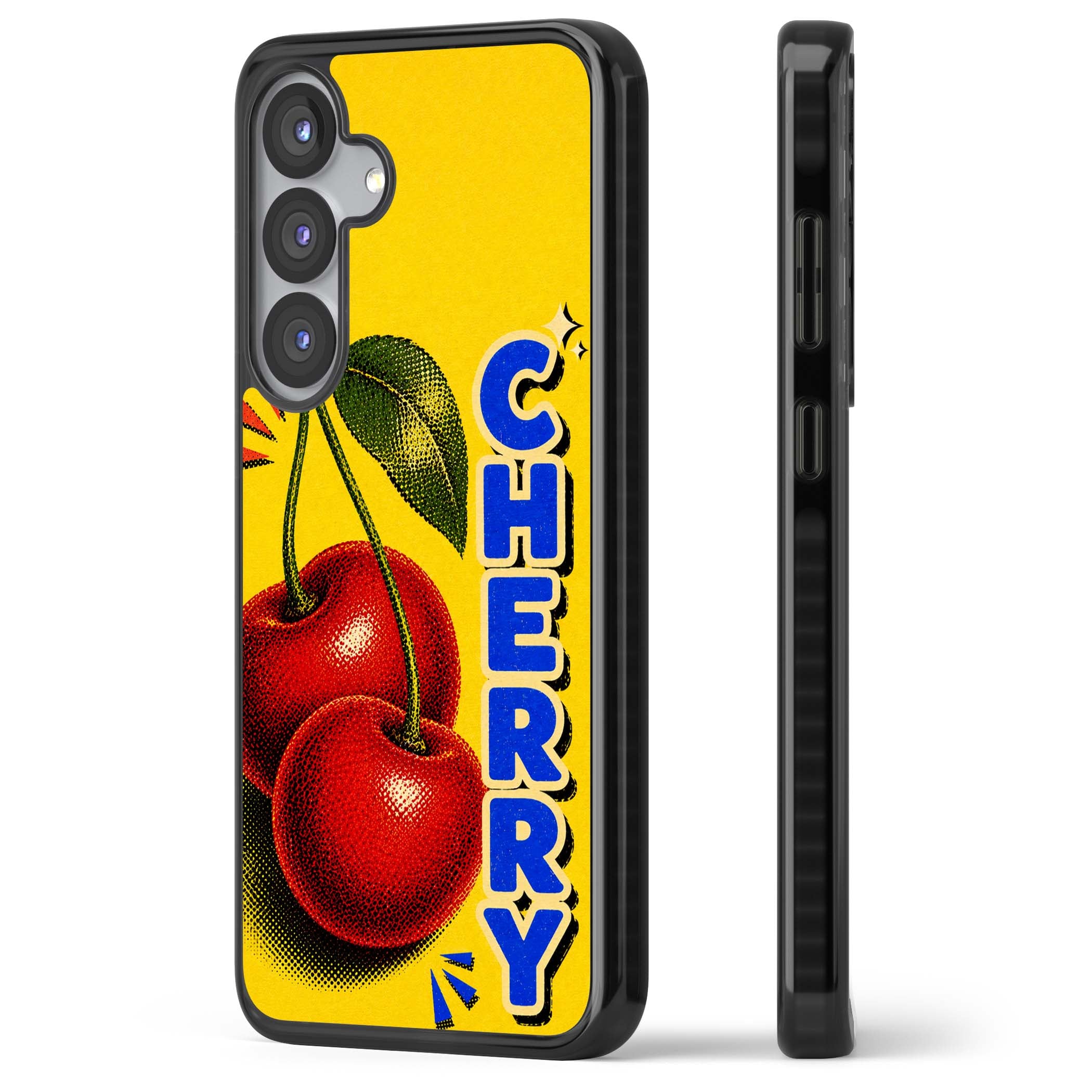 Cherry Yellow y2k iPhone case featuring two red cherries, halftone shading and bold blue CHERRY lettering on yellow | Black Impact case for Samsung Galaxy S25, Samsung Galaxy S25 Plus