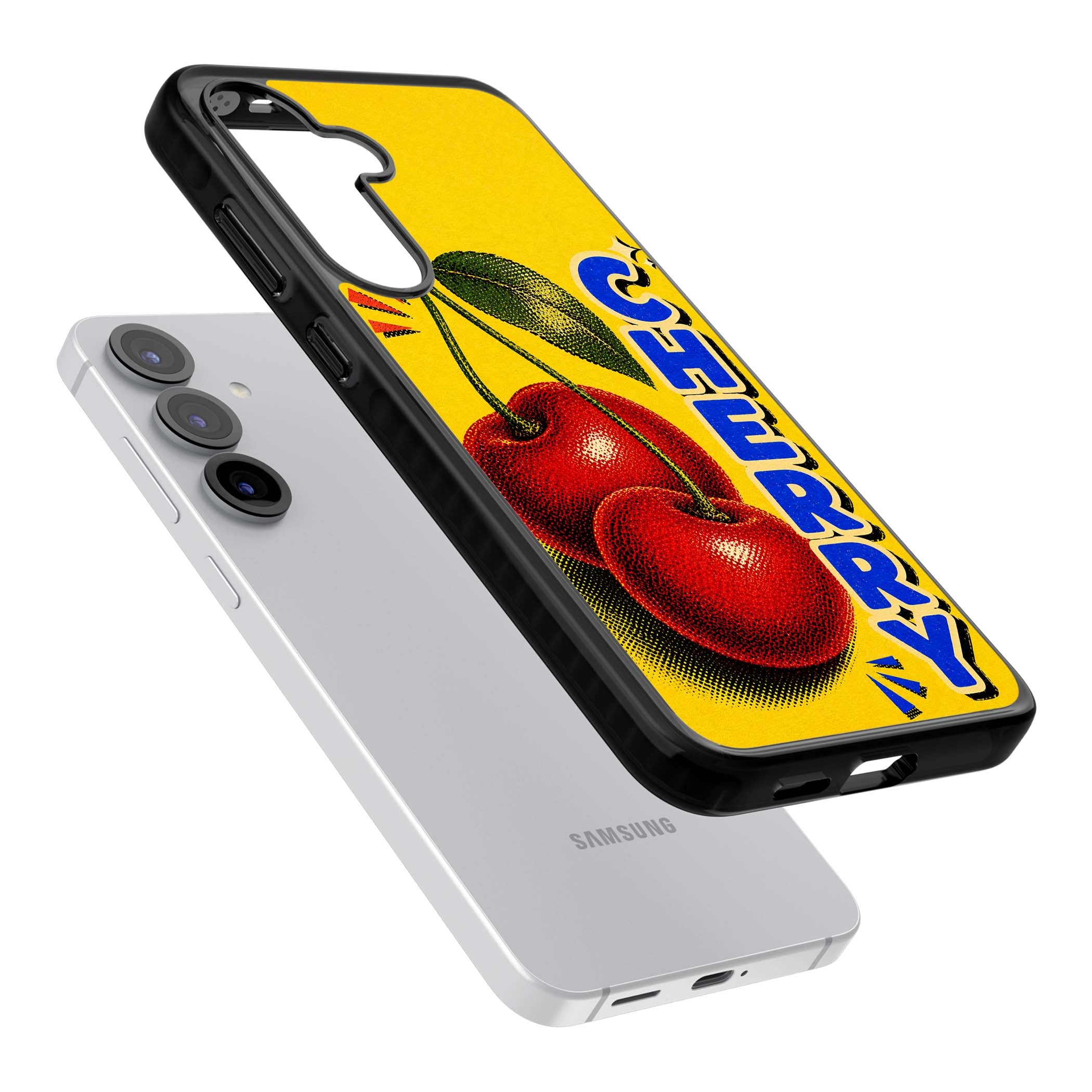 Cherry Yellow y2k iPhone case featuring two red cherries, halftone shading and bold blue CHERRY lettering on yellow | Black Impact case for Samsung Galaxy S25, Samsung Galaxy S25 Plus