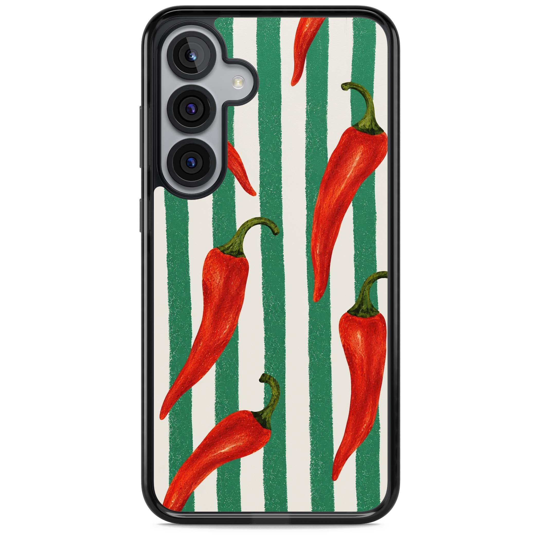 Striped Chillis coastal iPhone case featuring hand-painted red chili peppers on green and cream stripes | Black Impact case for Samsung Galaxy S25, Samsung Galaxy S25 Plus