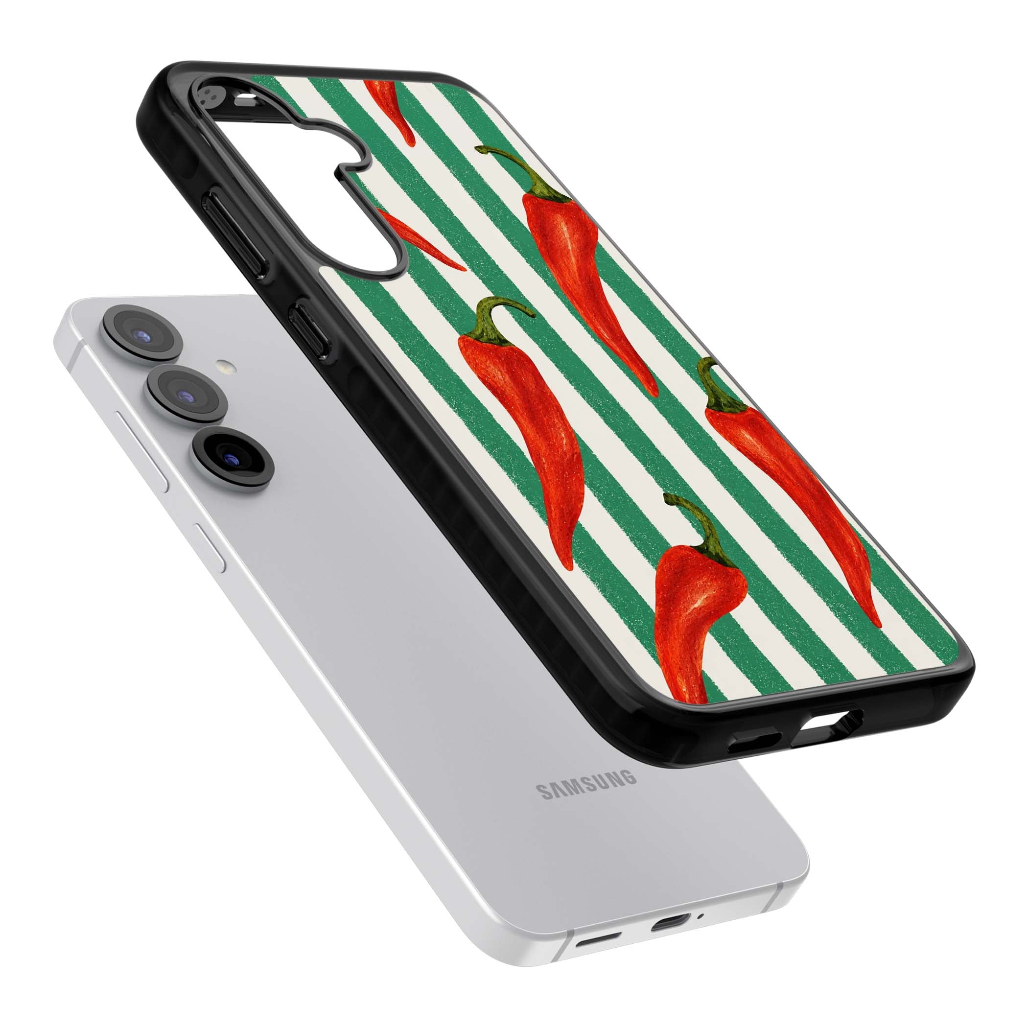 Striped Chillis coastal iPhone case featuring hand-painted red chili peppers on green and cream stripes | Black Impact case for Samsung Galaxy S25, Samsung Galaxy S25 Plus