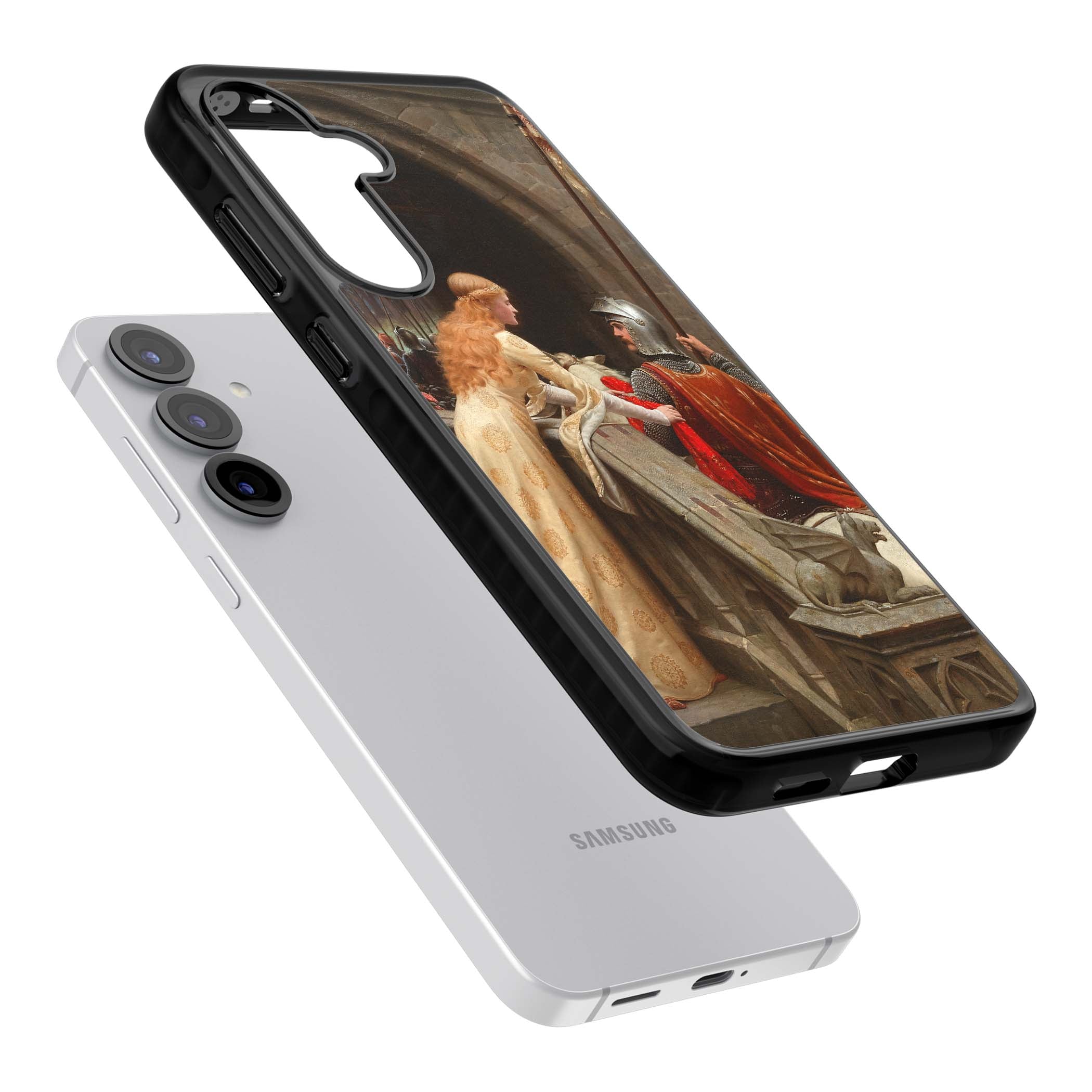God Speed fine art iPhone case featuring Edmund Blair Leighton's medieval knight and lady beneath a stone archway | Black Impact case for Samsung Galaxy S25, Samsung Galaxy S25 Plus