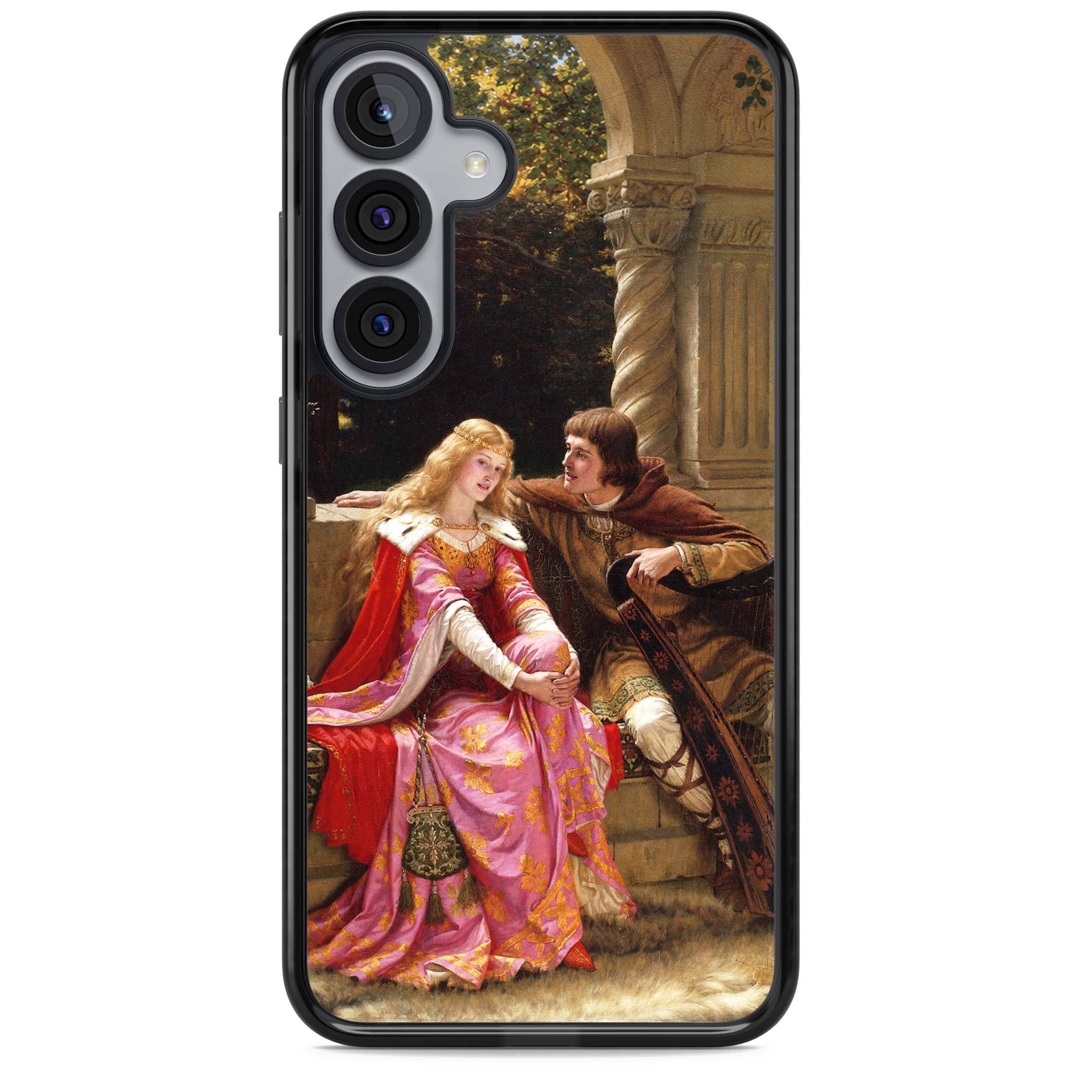 The End of the Song classic art iPhone case featuring a medieval lady in pink gown and her knight in a stone archway | Black Impact case for Samsung Galaxy S25, Samsung Galaxy S25 Plus