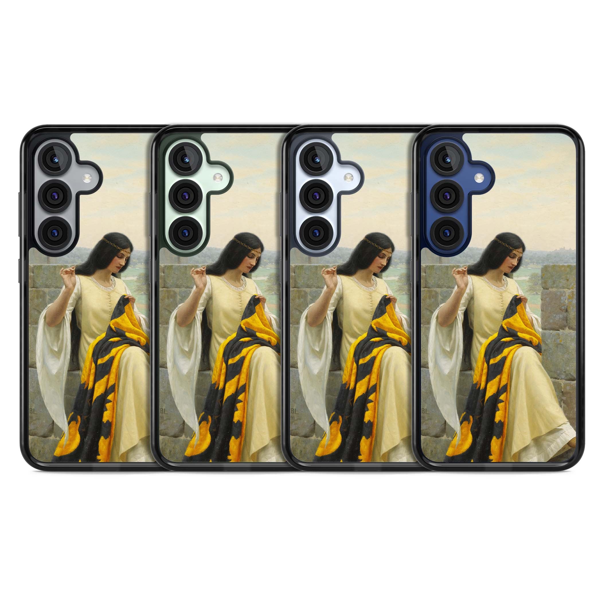 Stitching the Standard renaissance art iPhone case featuring a medieval lady sewing a golden banner on a castle wall | Black Impact case for Samsung Galaxy S25, Samsung Galaxy S25 Plus