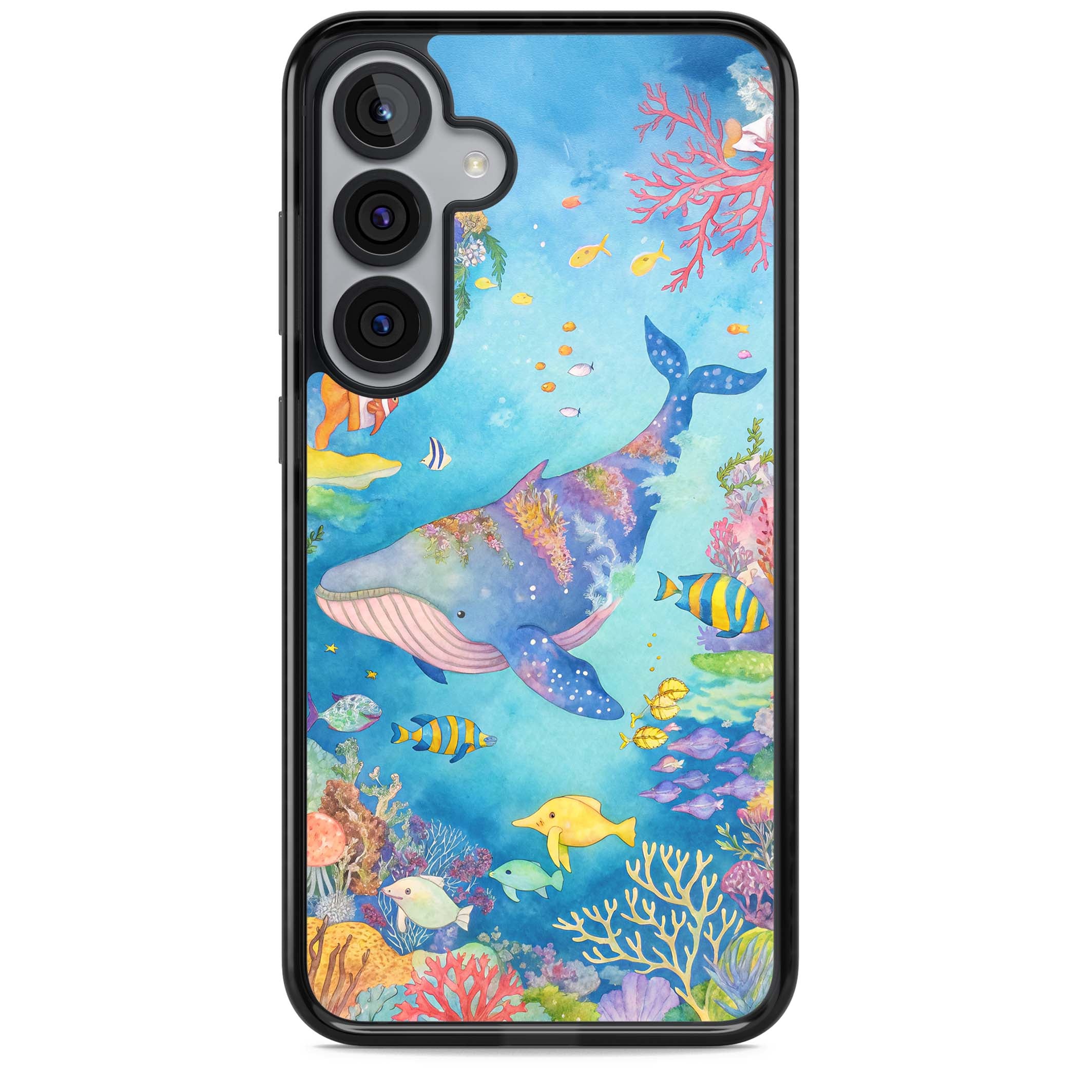 Coral Lagoon ocean iPhone case featuring a watercolour whale, coral reef and tropical fish | Black Impact case for Samsung Galaxy S25, Samsung Galaxy S25 Plus