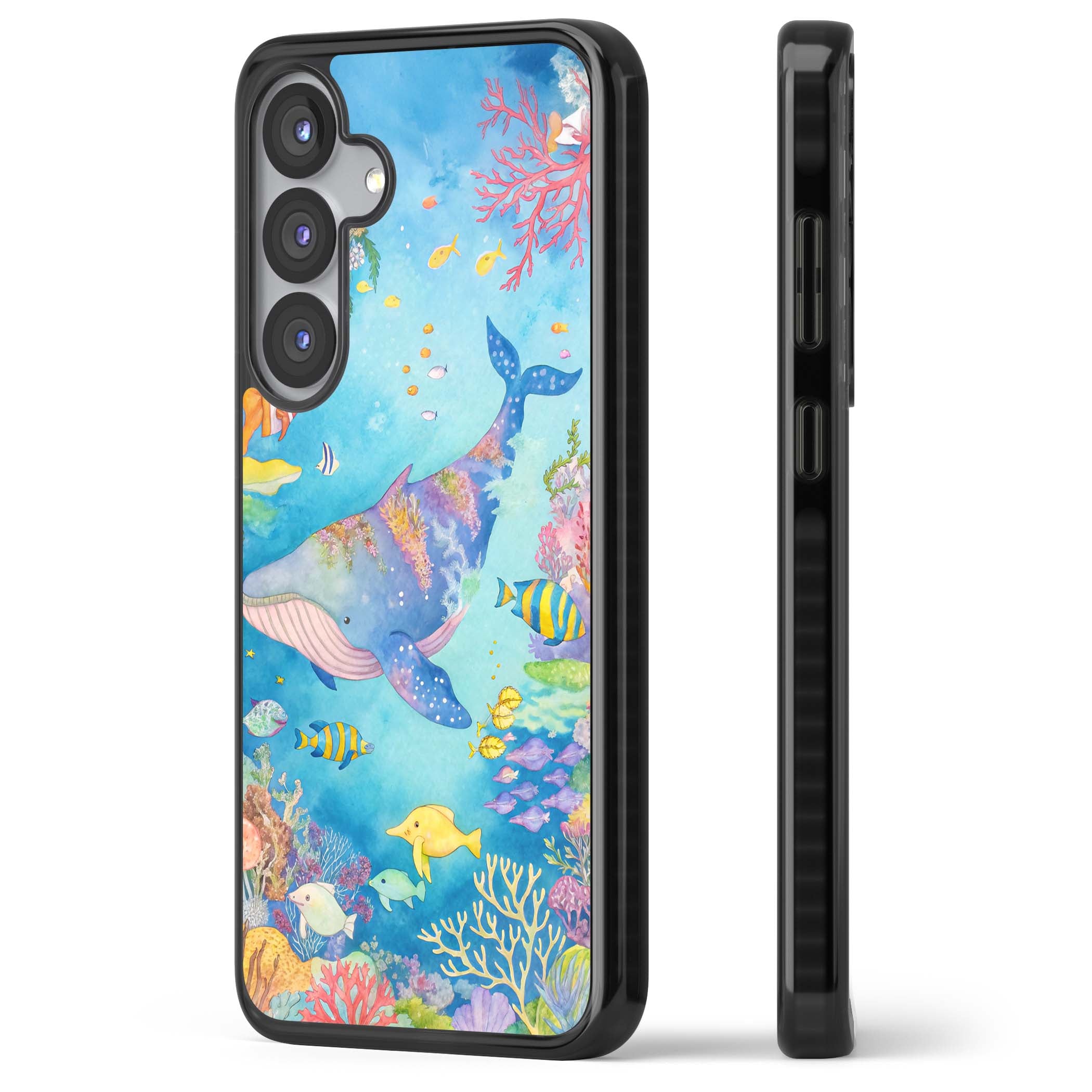 Coral Lagoon ocean iPhone case featuring a watercolour whale, coral reef and tropical fish | Black Impact case for Samsung Galaxy S25, Samsung Galaxy S25 Plus