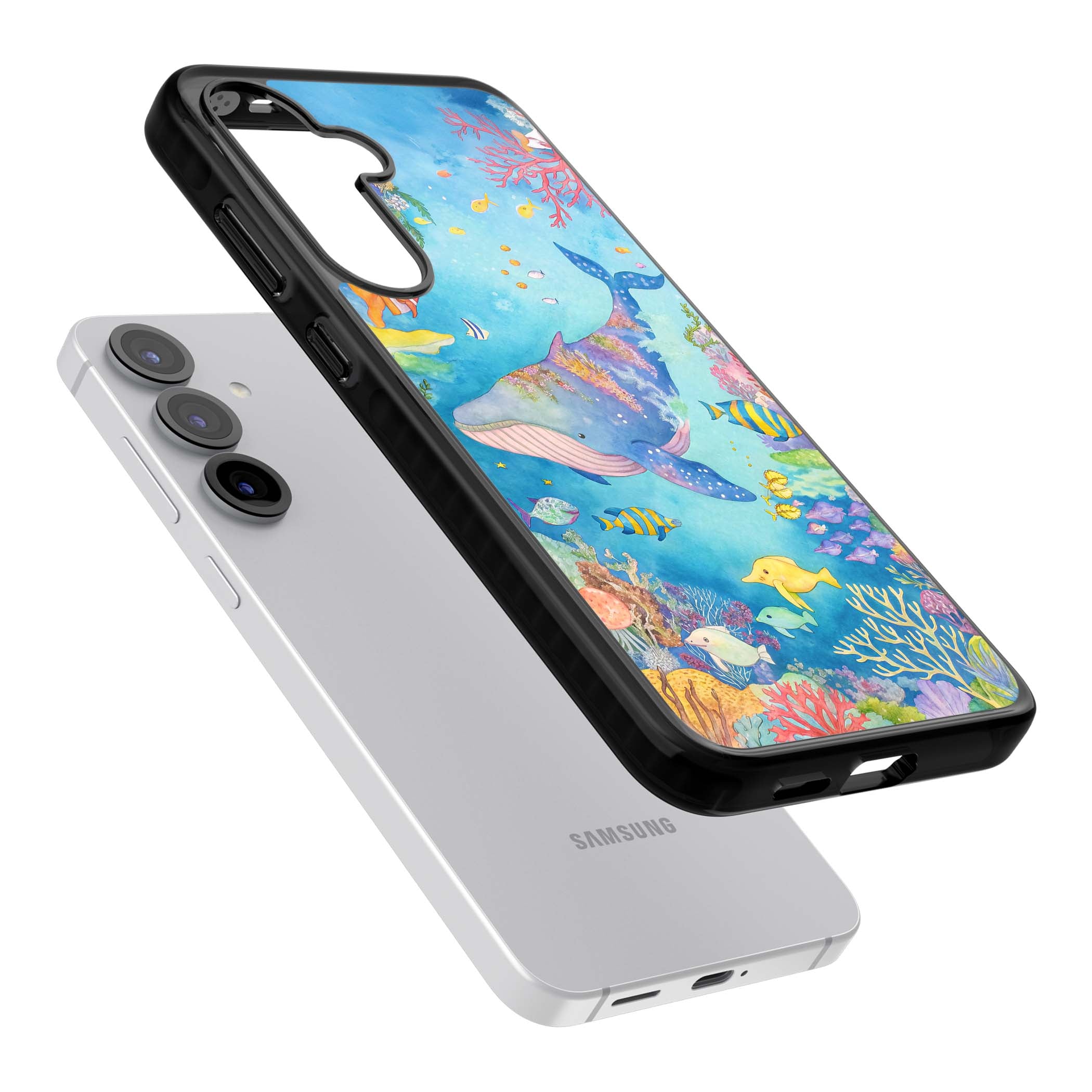 Coral Lagoon ocean iPhone case featuring a watercolour whale, coral reef and tropical fish | Black Impact case for Samsung Galaxy S25, Samsung Galaxy S25 Plus