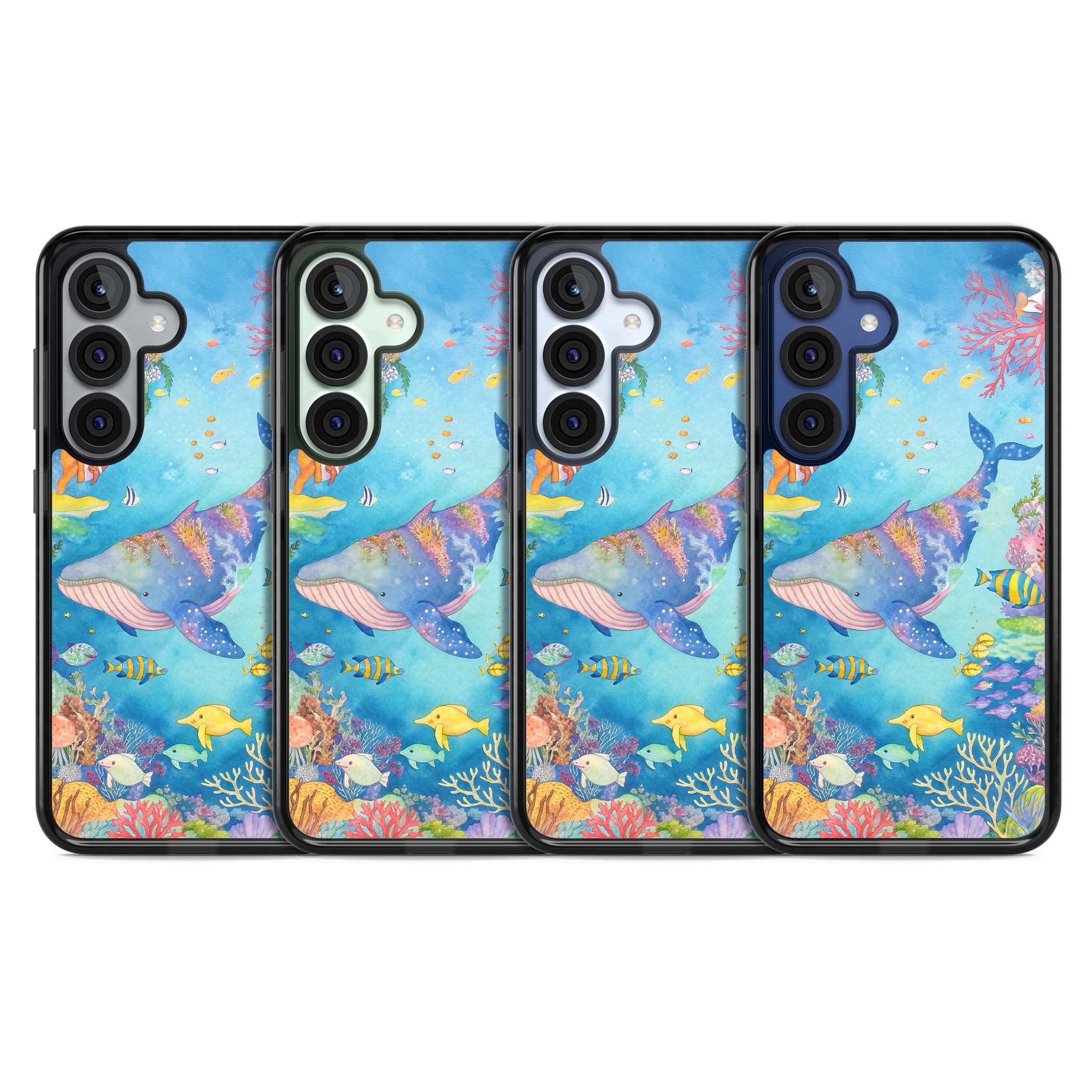 Coral Lagoon ocean iPhone case featuring a watercolour whale, coral reef and tropical fish | Black Impact case for Samsung Galaxy S25, Samsung Galaxy S25 Plus