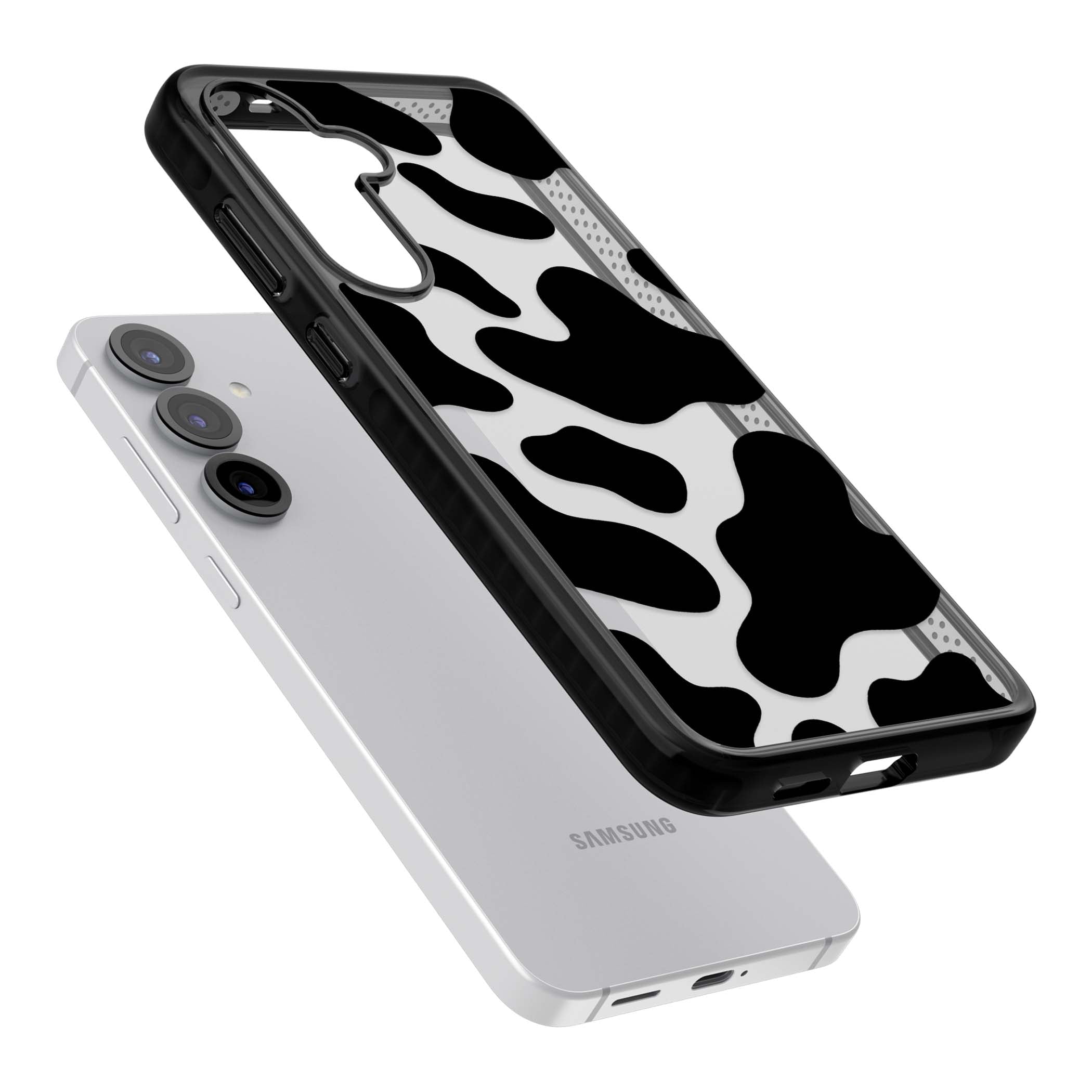 Clear Cow Print cow print iPhone case featuring black and white cow pattern splotches on a clear background | Black Impact case for Samsung Galaxy S25, Samsung Galaxy S25 Plus