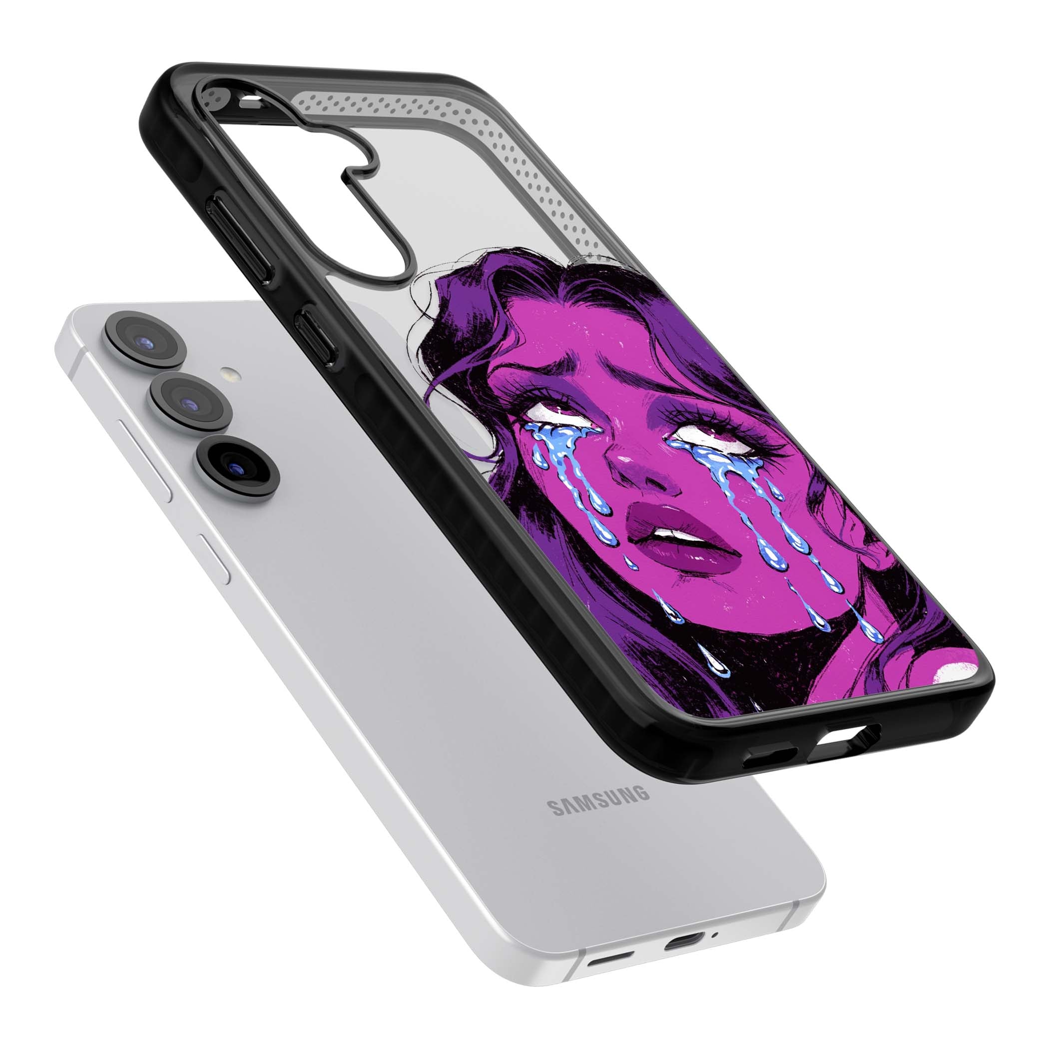 Drama Queen pop art iPhone case featuring a purple crying comic girl with blue tears | Black Impact case for Samsung Galaxy S25, Samsung Galaxy S25 Plus