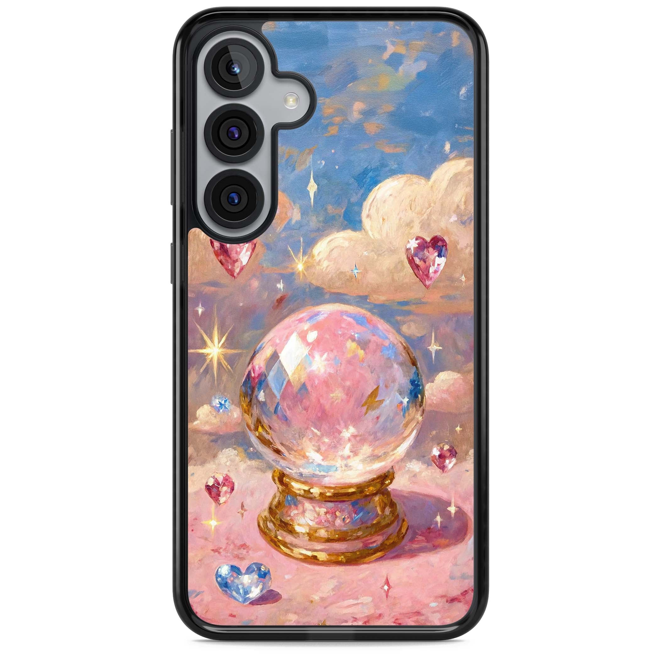 Crystal Ball fairycore iPhone case featuring a painted crystal ball, heart gemstones, and pastel clouds | Black Impact case for Samsung Galaxy S25, Samsung Galaxy S25 Plus