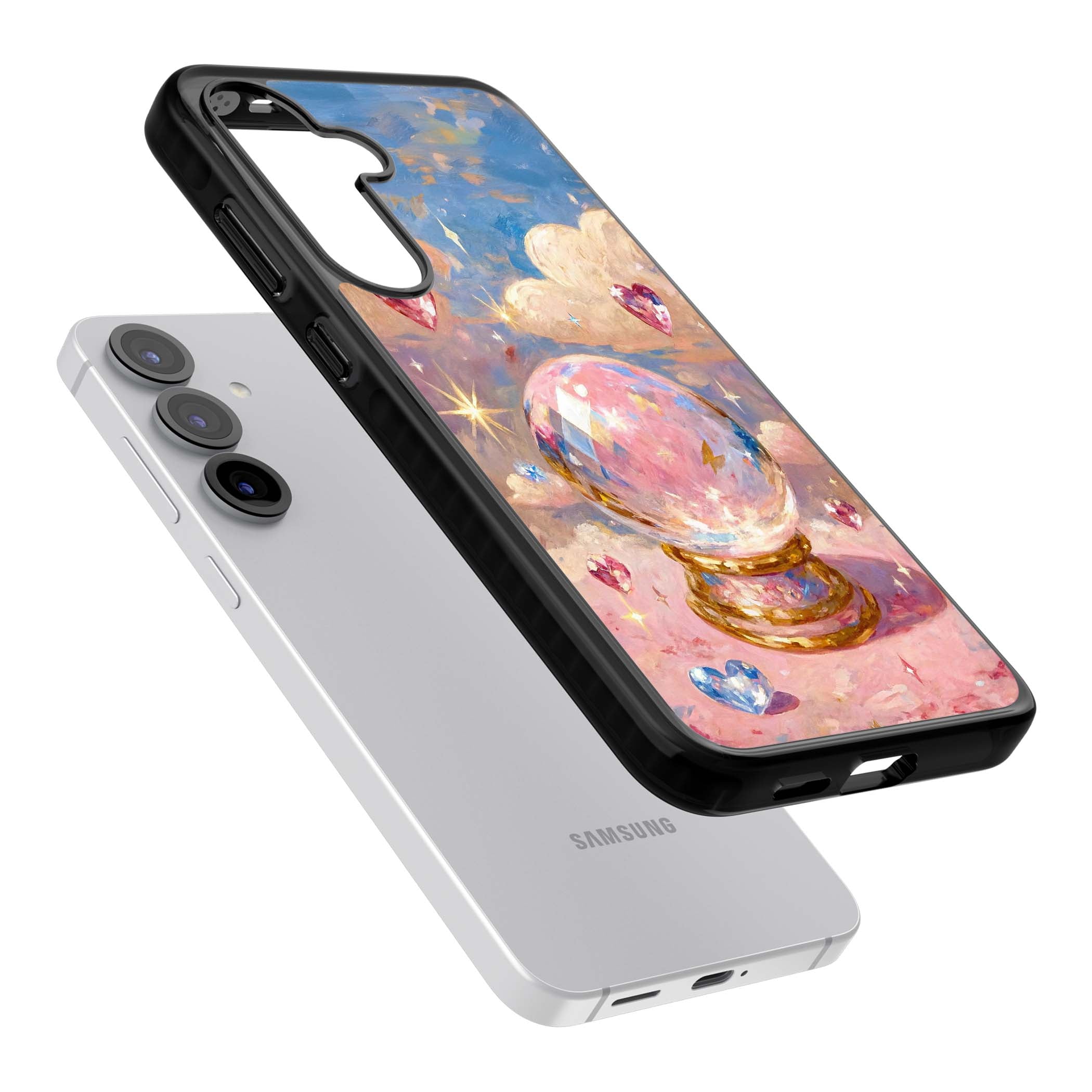 Crystal Ball fairycore iPhone case featuring a painted crystal ball, heart gemstones, and pastel clouds | Black Impact case for Samsung Galaxy S25, Samsung Galaxy S25 Plus
