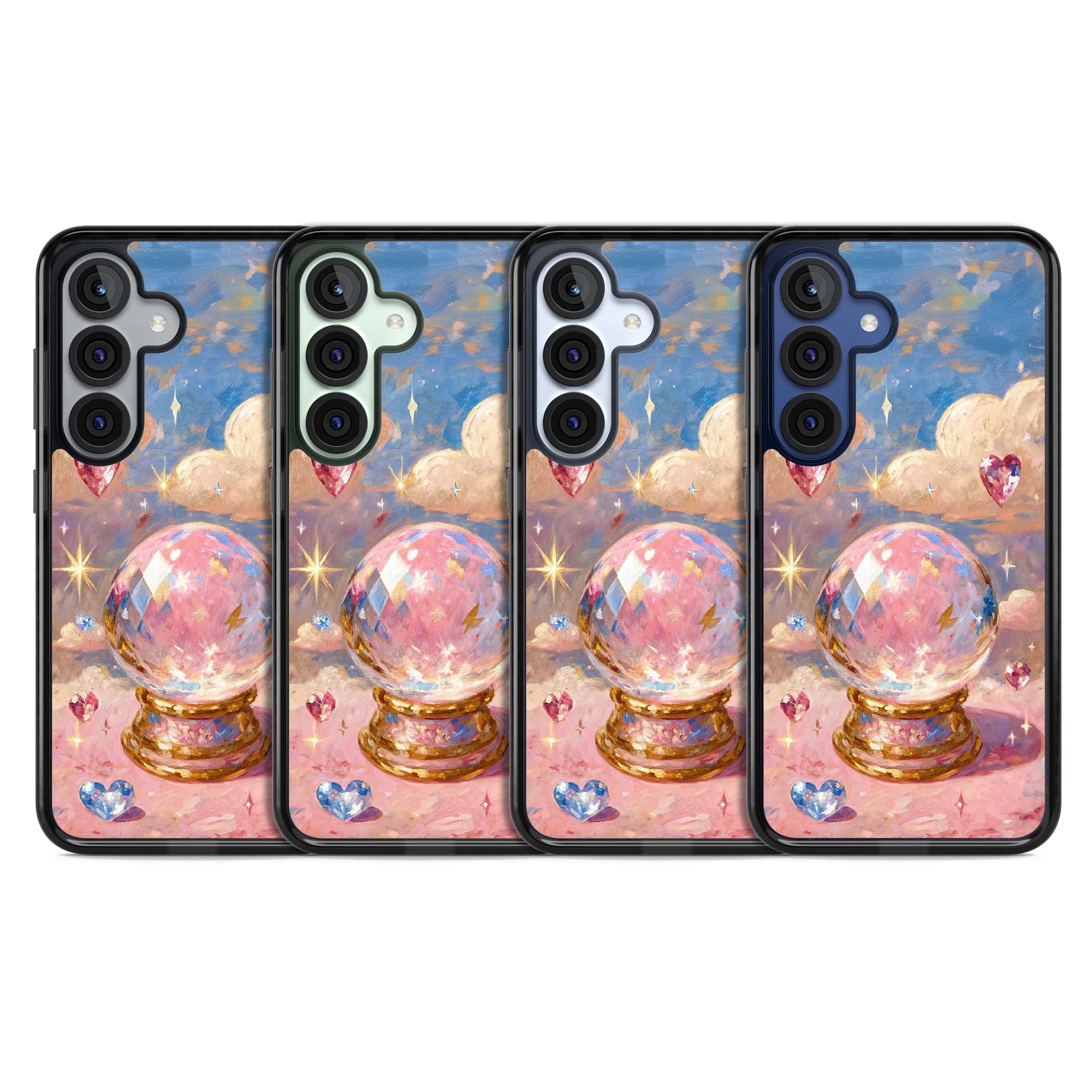 Crystal Ball fairycore iPhone case featuring a painted crystal ball, heart gemstones, and pastel clouds | Black Impact case for Samsung Galaxy S25, Samsung Galaxy S25 Plus
