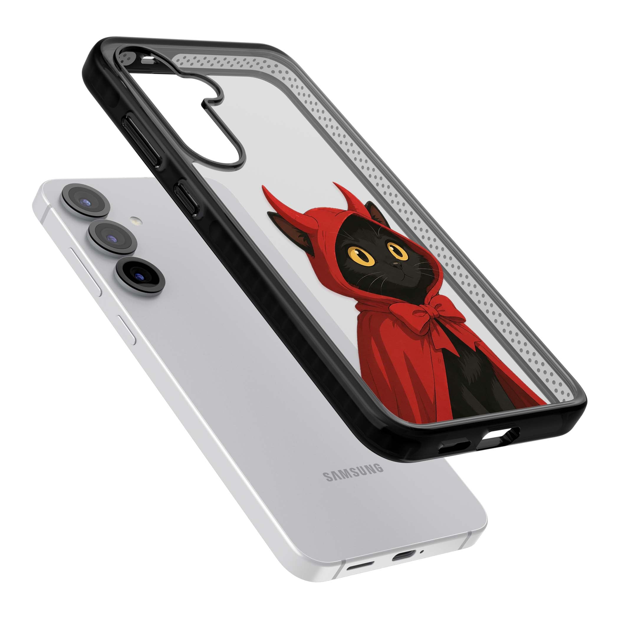 Little Devil halloween iPhone case featuring a black cat in a red hooded devil cloak with horns and golden eyes | Black Impact case for Samsung Galaxy S25, Samsung Galaxy S25 Plus