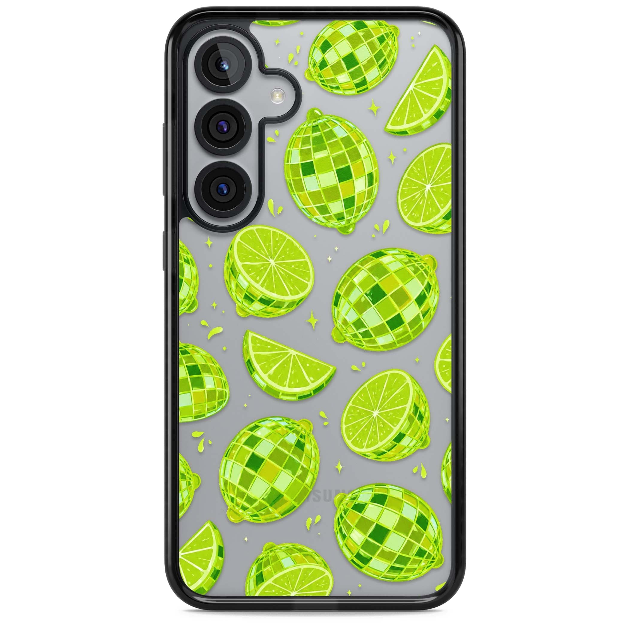 Disco Limes fruit aesthetic iPhone case featuring green disco balls, lime slices and citrus sparkles | Black Impact case for Samsung Galaxy S25, Samsung Galaxy S25 Plus