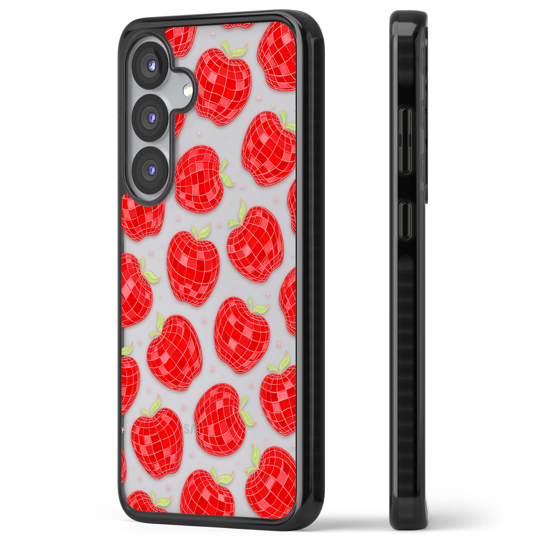 Disco Apples Y2K iPhone case featuring red disco ball apples, green leaves and pink sparkles on clear | Black Impact case for Samsung Galaxy S25, Samsung Galaxy S25 Plus