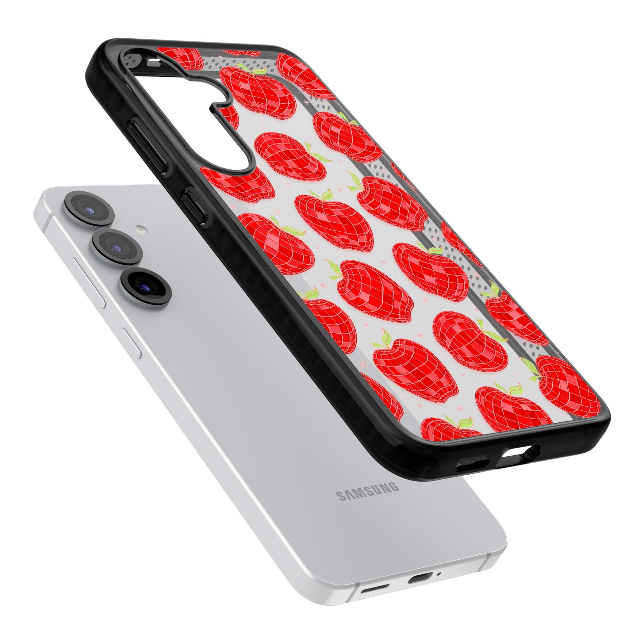 Disco Apples Y2K iPhone case featuring red disco ball apples, green leaves and pink sparkles on clear | Black Impact case for Samsung Galaxy S25, Samsung Galaxy S25 Plus