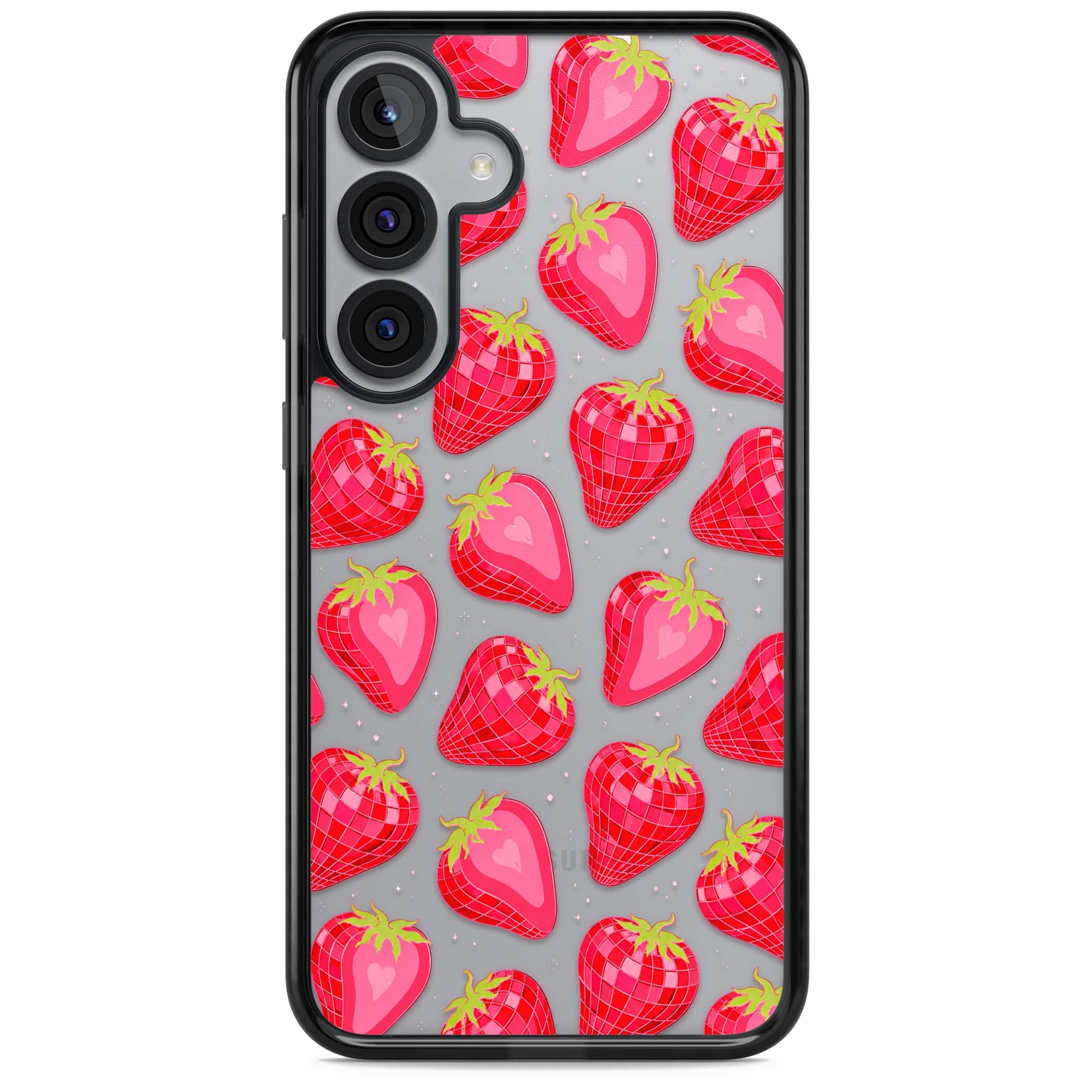 Disco Strawberry Y2K iPhone case featuring pink disco-ball strawberries, green leaves and tiny sparkles | Black Impact case for Samsung Galaxy S25, Samsung Galaxy S25 Plus