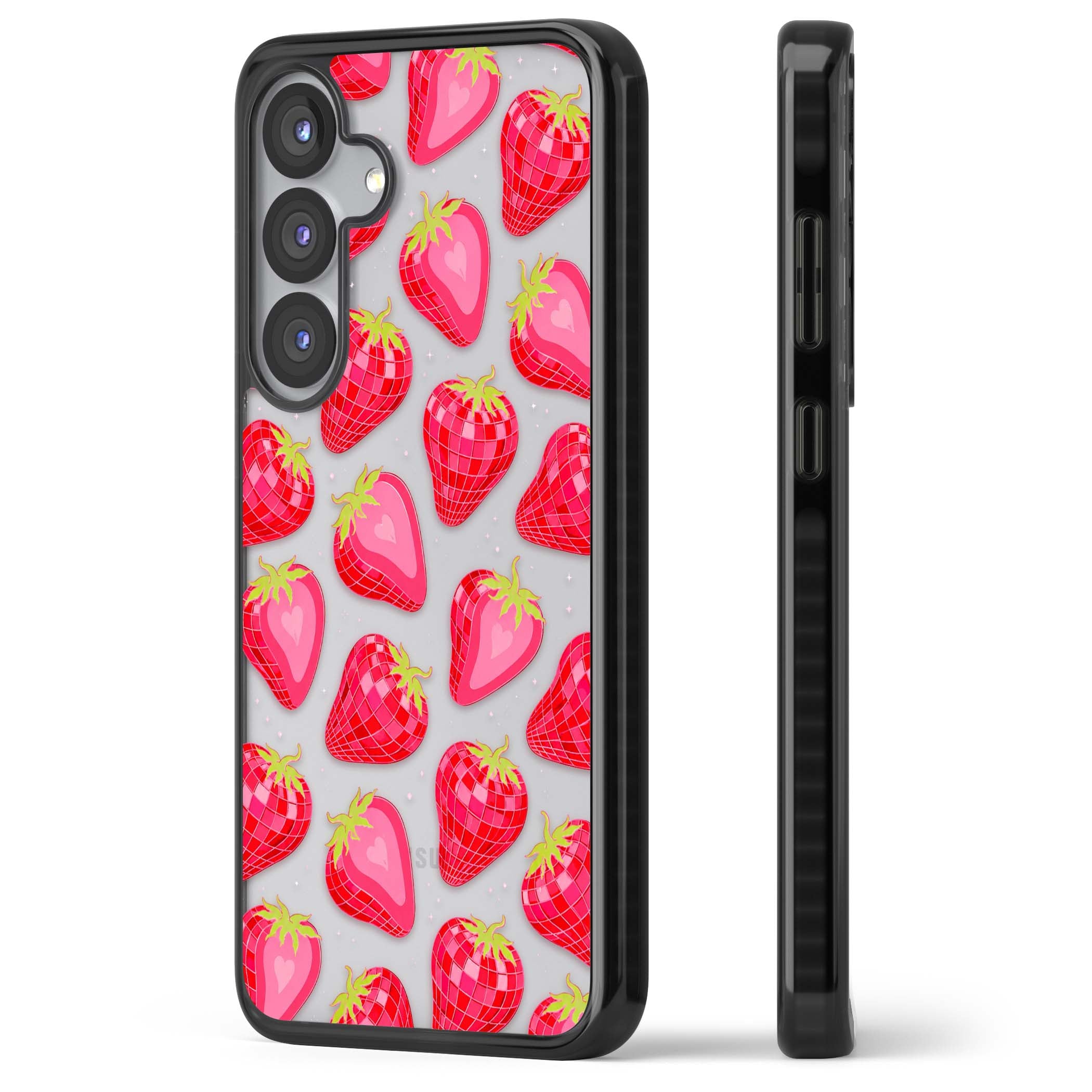 Disco Strawberry Y2K iPhone case featuring pink disco-ball strawberries, green leaves and tiny sparkles | Black Impact case for Samsung Galaxy S25, Samsung Galaxy S25 Plus