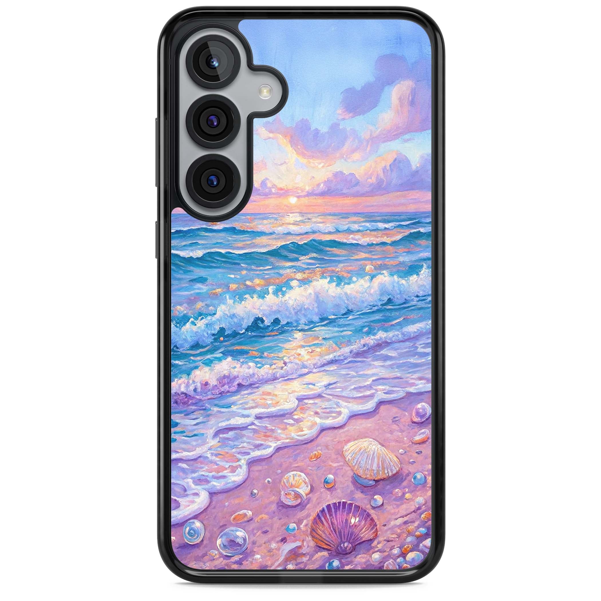 Pearl Shore coastal iPhone case featuring pastel painted waves, seashells, and a sunrise sky over a lavender beach. | Black Impact case for Samsung Galaxy S25, Samsung Galaxy S25 Plus