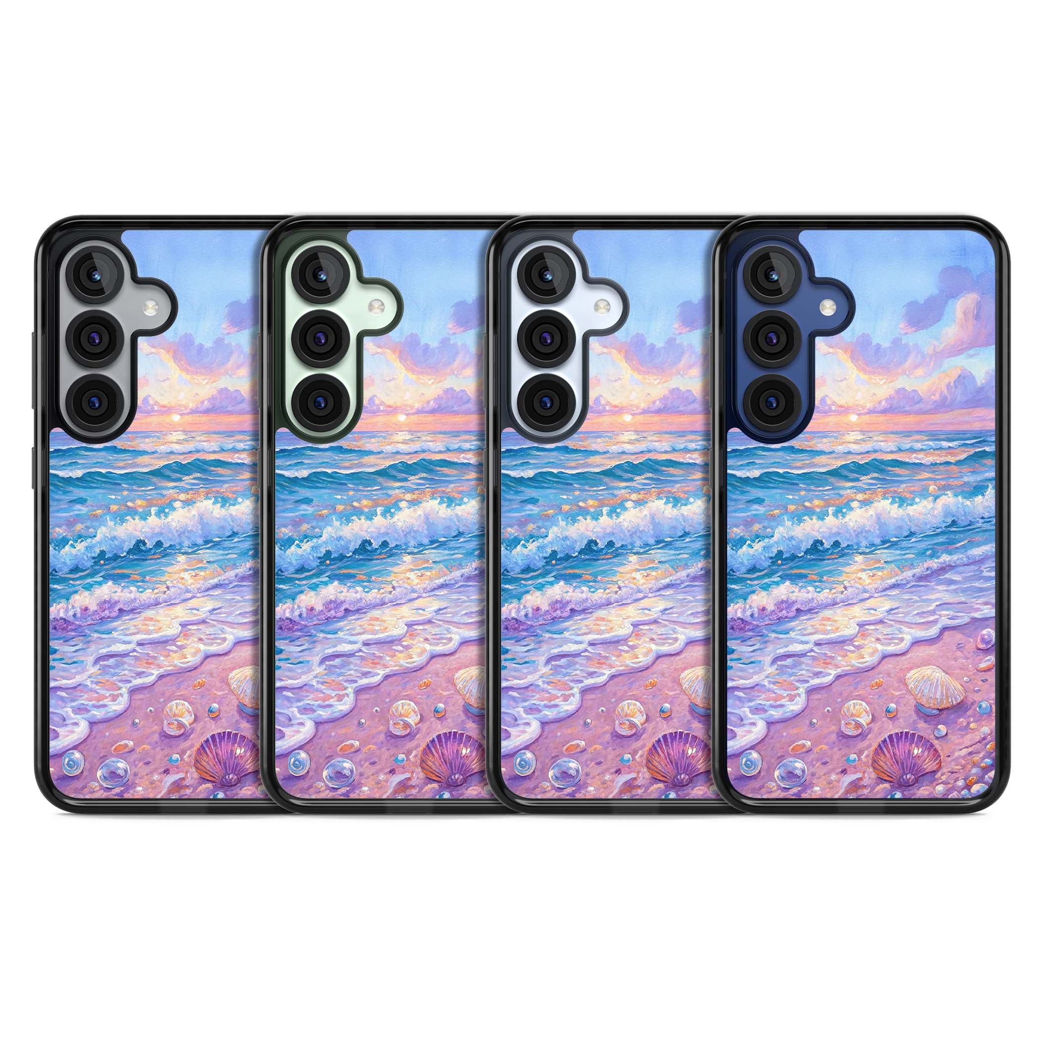 Pearl Shore coastal iPhone case featuring pastel painted waves, seashells, and a sunrise sky over a lavender beach. | Black Impact case for Samsung Galaxy S25, Samsung Galaxy S25 Plus