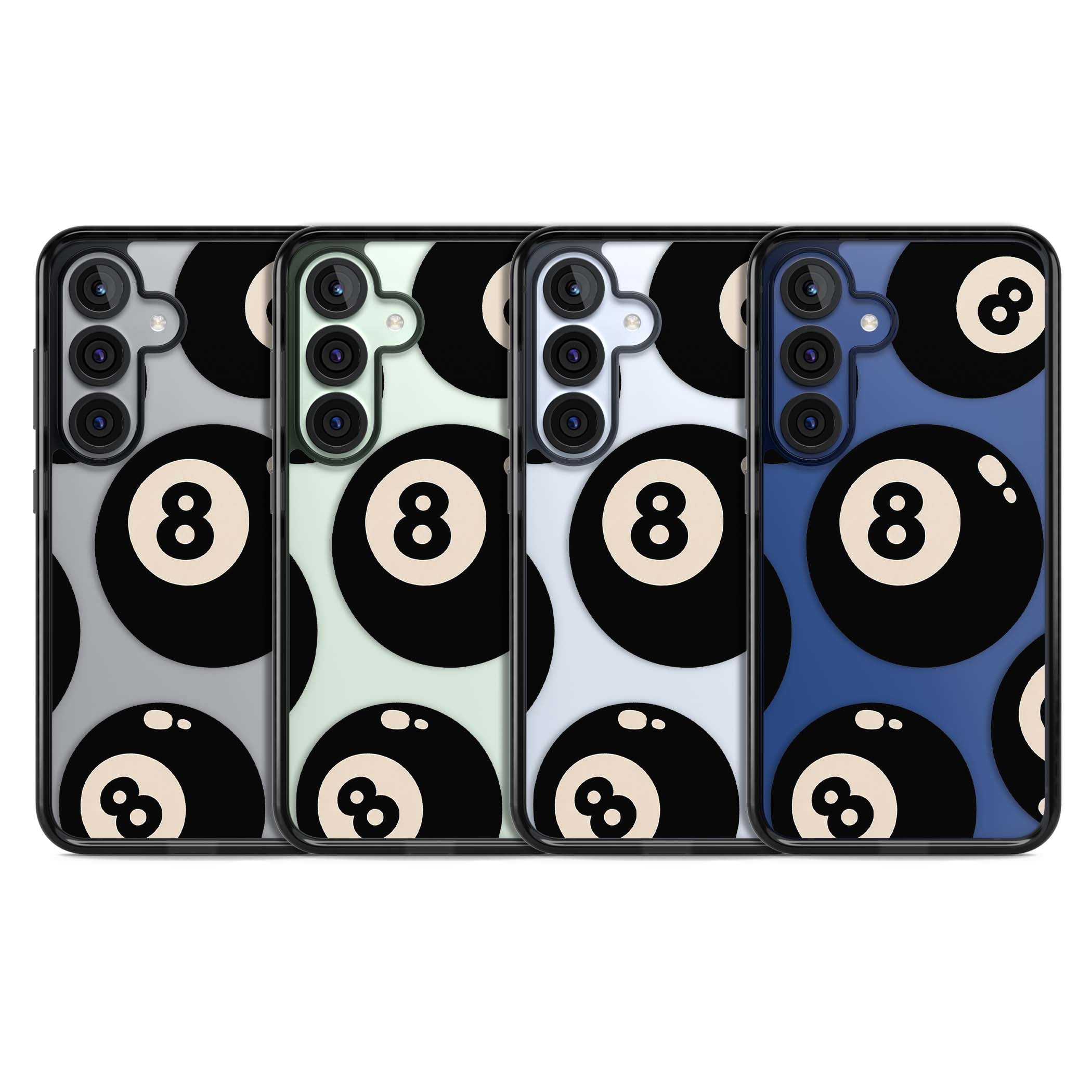 Eights y2k iPhone case featuring scattered black 8 balls with cream highlights on a clear background | Black Impact case for Samsung Galaxy S25, Samsung Galaxy S25 Plus