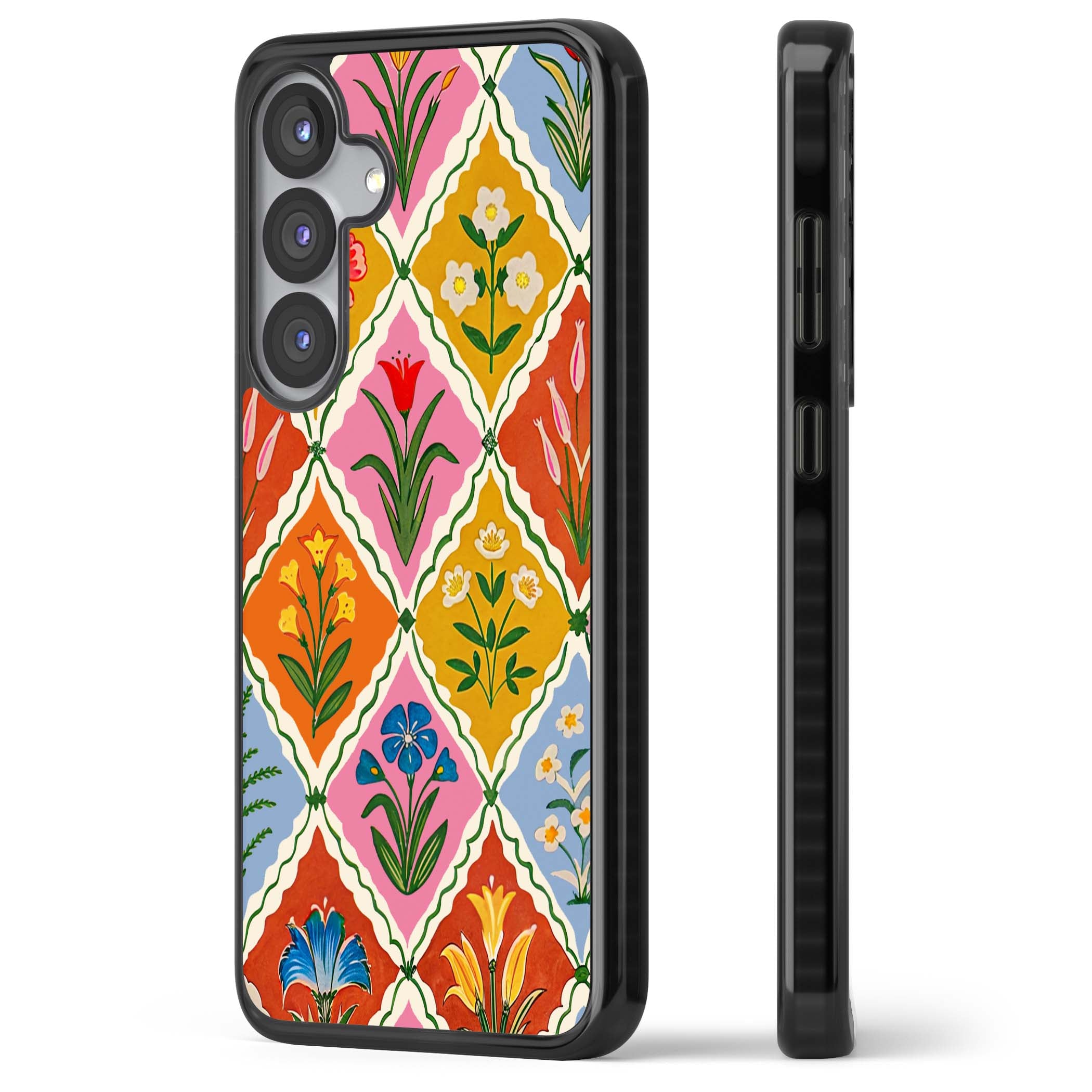 Floral Quilt boho floral iPhone case featuring diamond lattice pattern, hand-painted tulips and folk art wildflowers | Black Impact case for Samsung Galaxy S25, Samsung Galaxy S25 Plus
