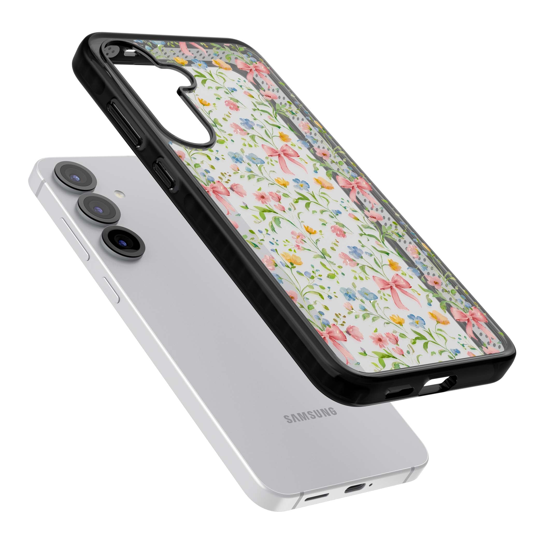 Ribbons & Wildflowers cottagecore iPhone case featuring watercolor wildflowers, pink satin bows, and delicate spring blooms o | Black Impact case for Samsung Galaxy S25, Samsung Galaxy S25 Plus