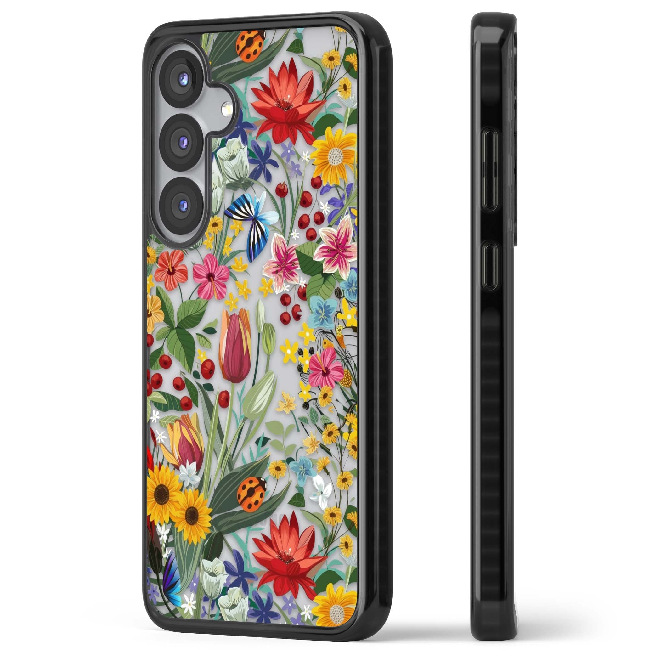 Botanical Bloom cottagecore iPhone case featuring colorful wildflowers, sunflowers, and ladybugs on clear background | Black Impact case for Samsung Galaxy S25, Samsung Galaxy S25 Plus