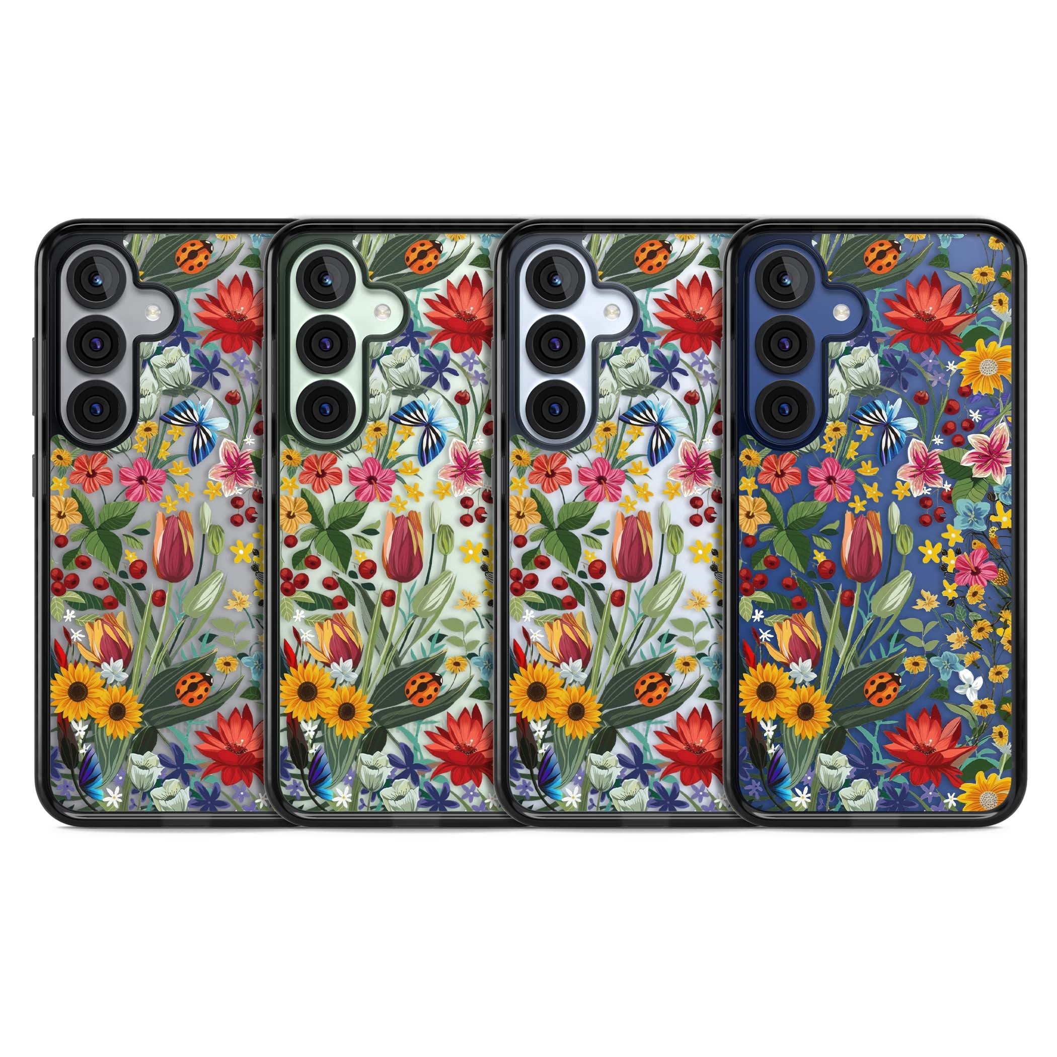 Botanical Bloom cottagecore iPhone case featuring colorful wildflowers, sunflowers, and ladybugs on clear background | Black Impact case for Samsung Galaxy S25, Samsung Galaxy S25 Plus