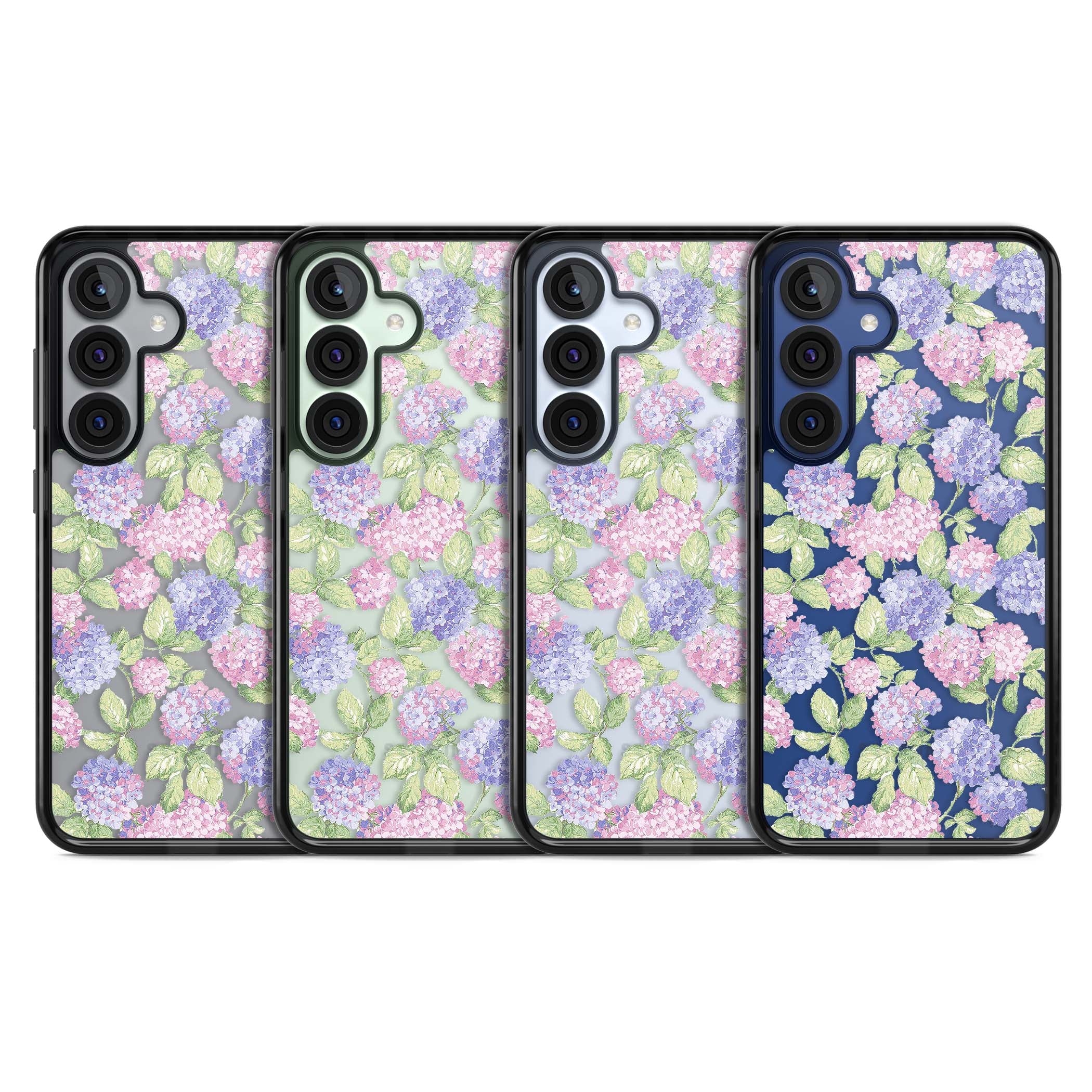 Cottage Hydrangea cottagecore iPhone case featuring pink and purple hydrangea blooms with green leaves on a clear background | Black Impact case for Samsung Galaxy S25, Samsung Galaxy S25 Plus