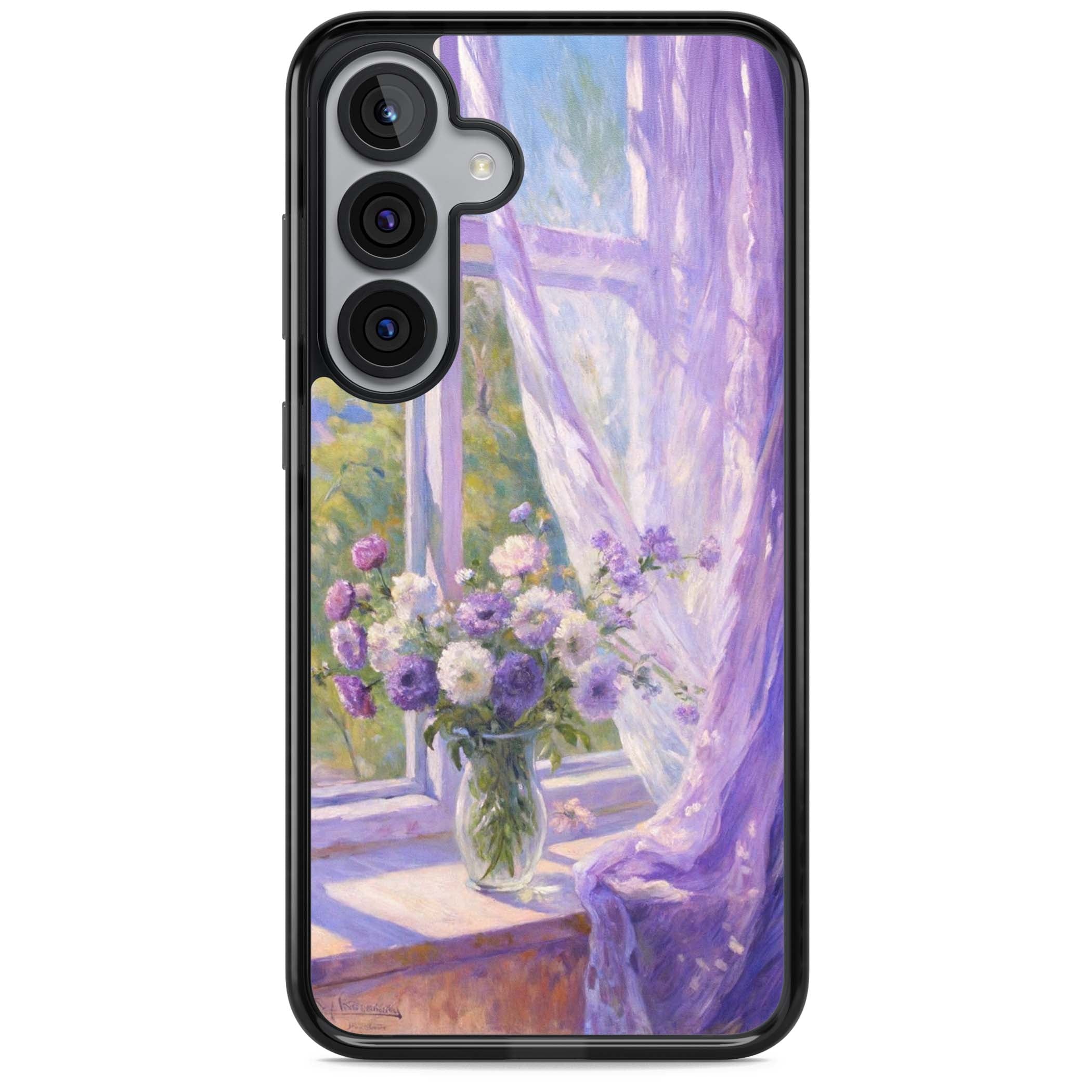 A Provence Morning impressionist art iPhone case featuring a vase of purple flowers, sunlit window and sheer curt | Black Impact case for Samsung Galaxy S25, Samsung Galaxy S25 Plus