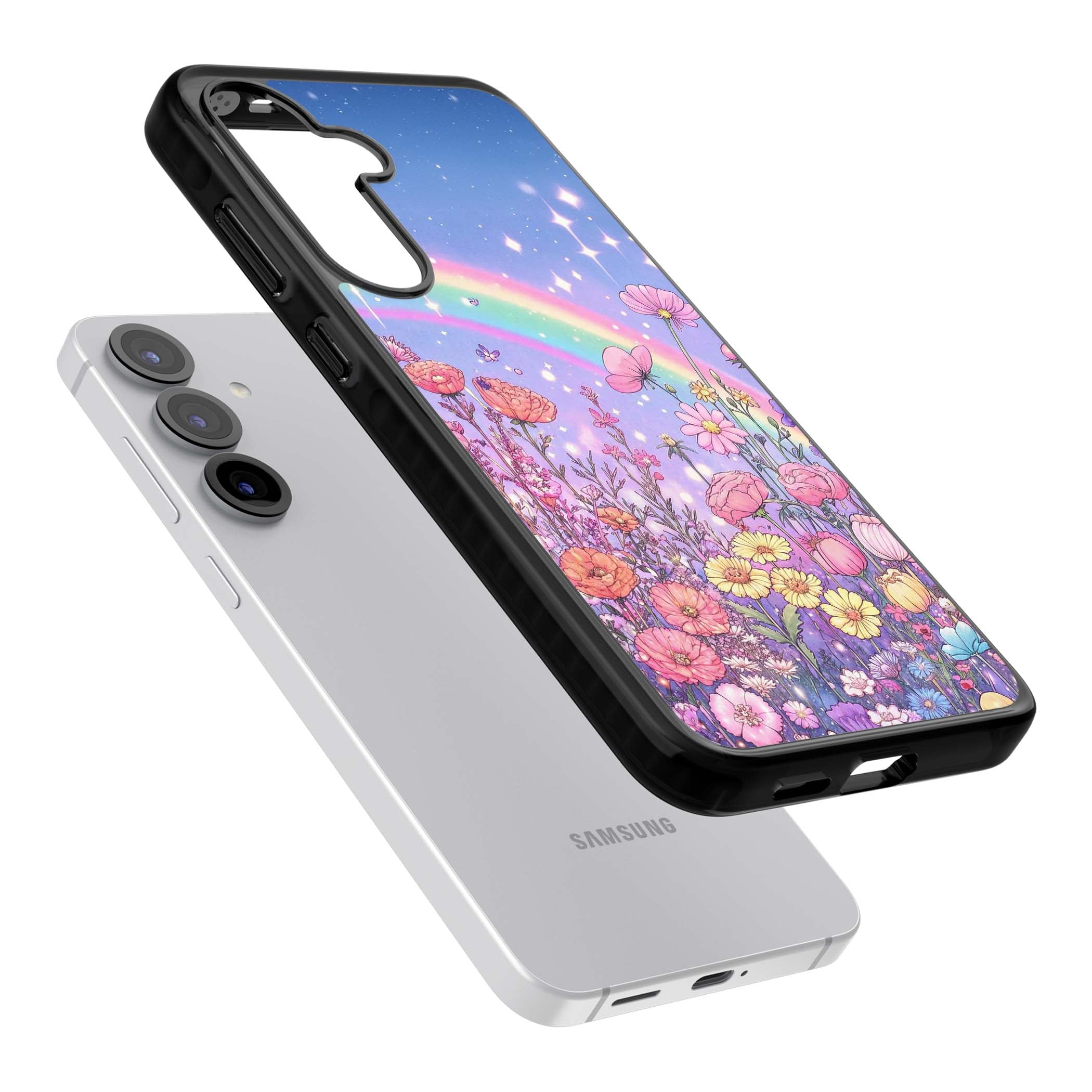 Magical Meadow fairycore iPhone case featuring a pastel rainbow, sparkling stars and a wildflower meadow | Black Impact case for Samsung Galaxy S25, Samsung Galaxy S25 Plus