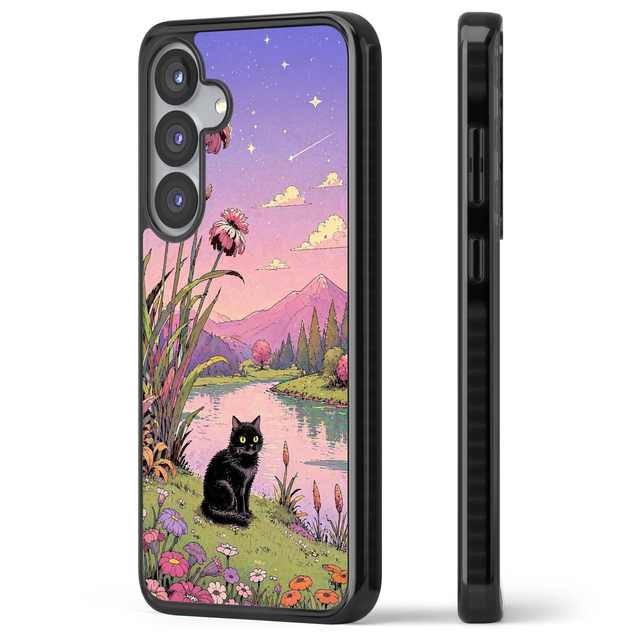 Mystic Whiskers ghibli iPhone case featuring a black cat by a pastel lake, wildflowers and a starry sunset sky | Black Impact case for Samsung Galaxy S25, Samsung Galaxy S25 Plus