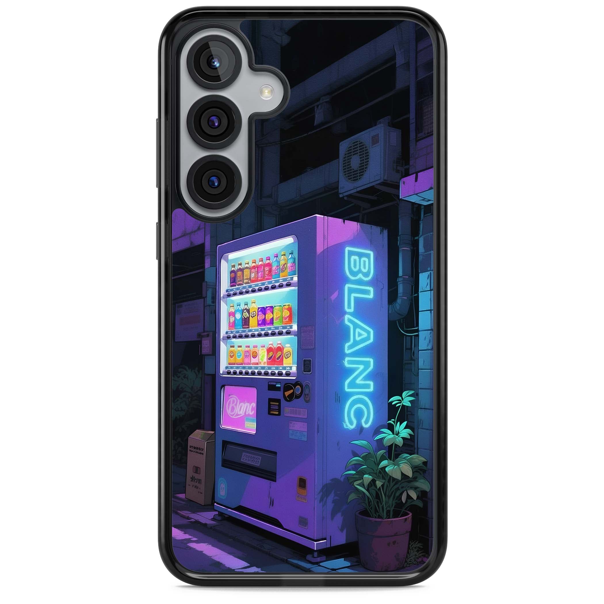Shibuya Glow Japanese iPhone case featuring a glowing Tokyo vending machine, neon signage, and moody purple alleyway | Black Impact case for Samsung Galaxy S25, Samsung Galaxy S25 Plus