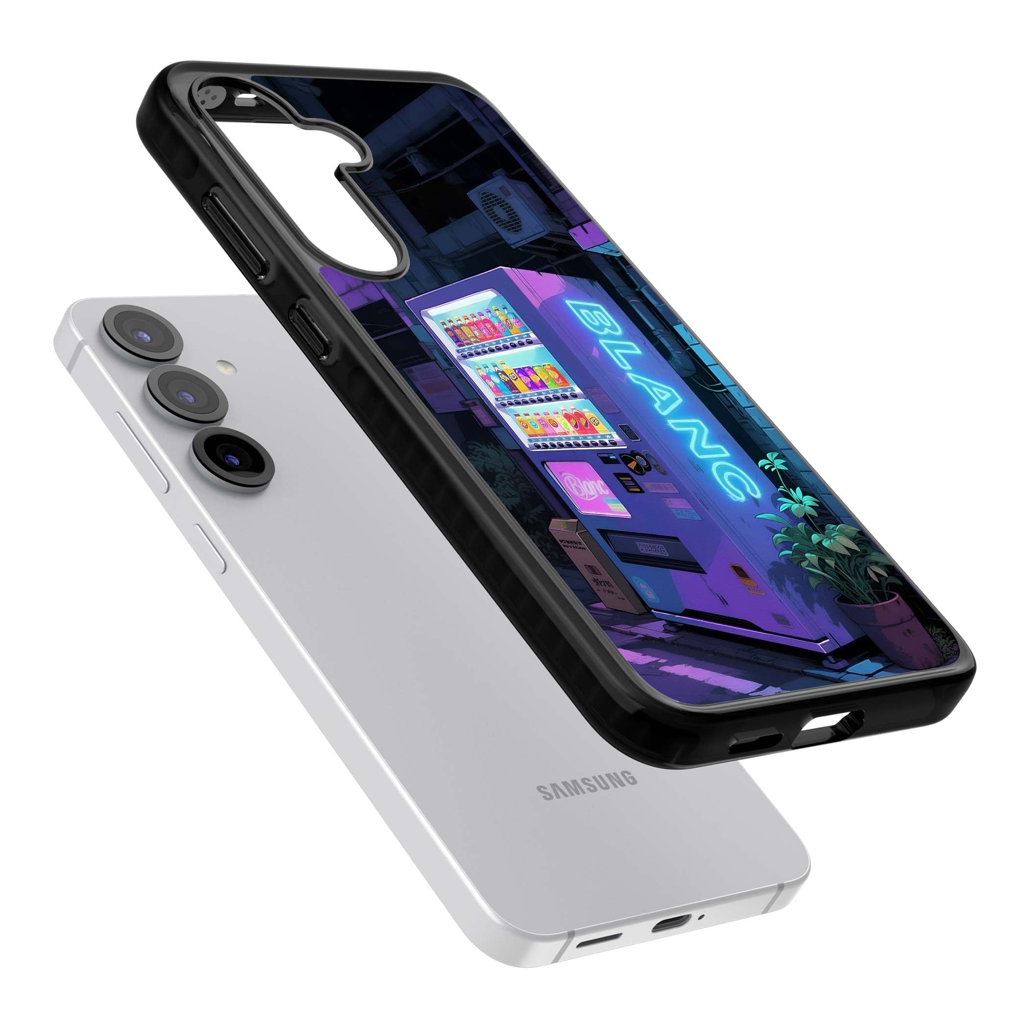 Shibuya Glow Japanese iPhone case featuring a glowing Tokyo vending machine, neon signage, and moody purple alleyway | Black Impact case for Samsung Galaxy S25, Samsung Galaxy S25 Plus