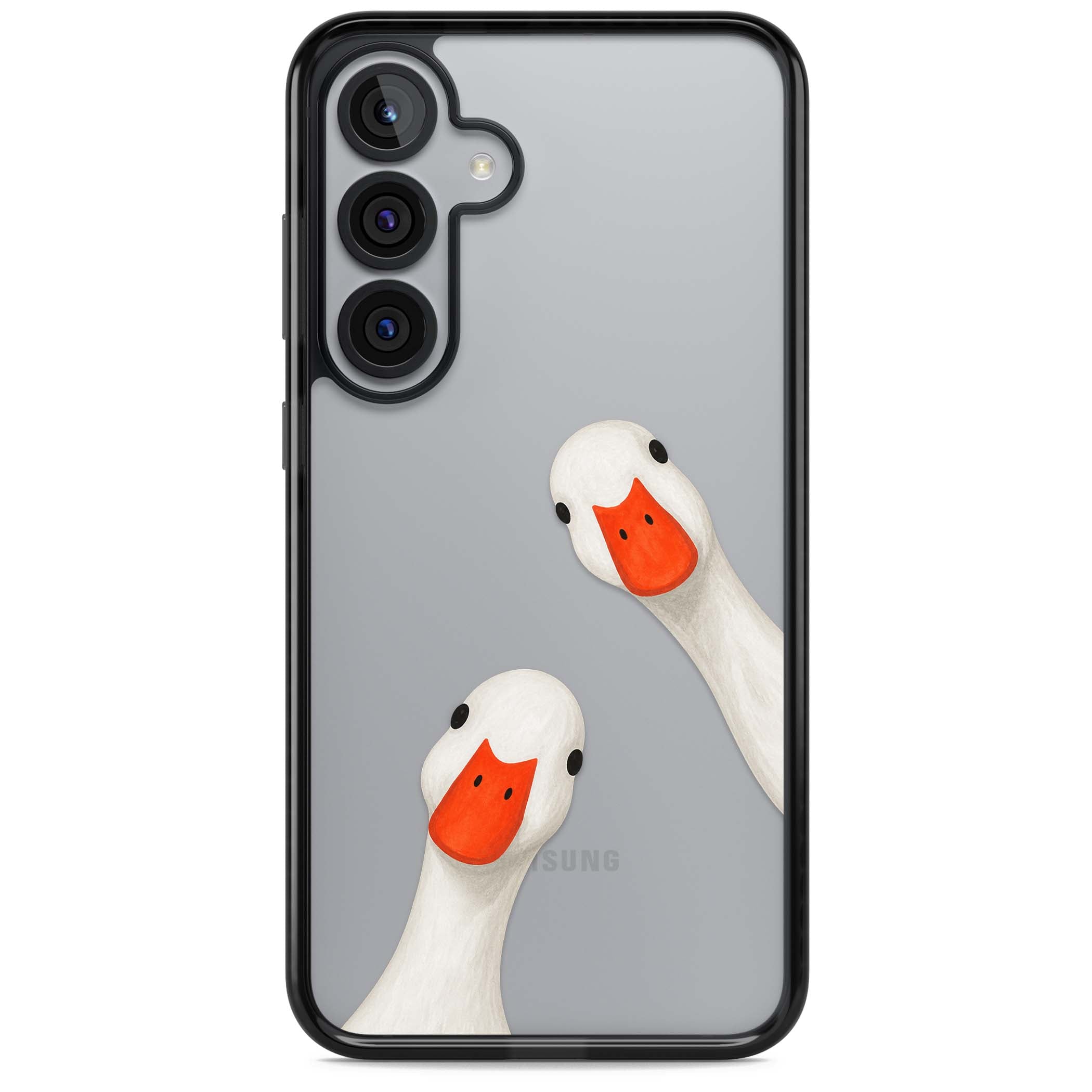 Nosy Ducks cottagecore iPhone case featuring two peeking white ducks with orange beaks on a clear background | Black Impact case for Samsung Galaxy S25, Samsung Galaxy S25 Plus