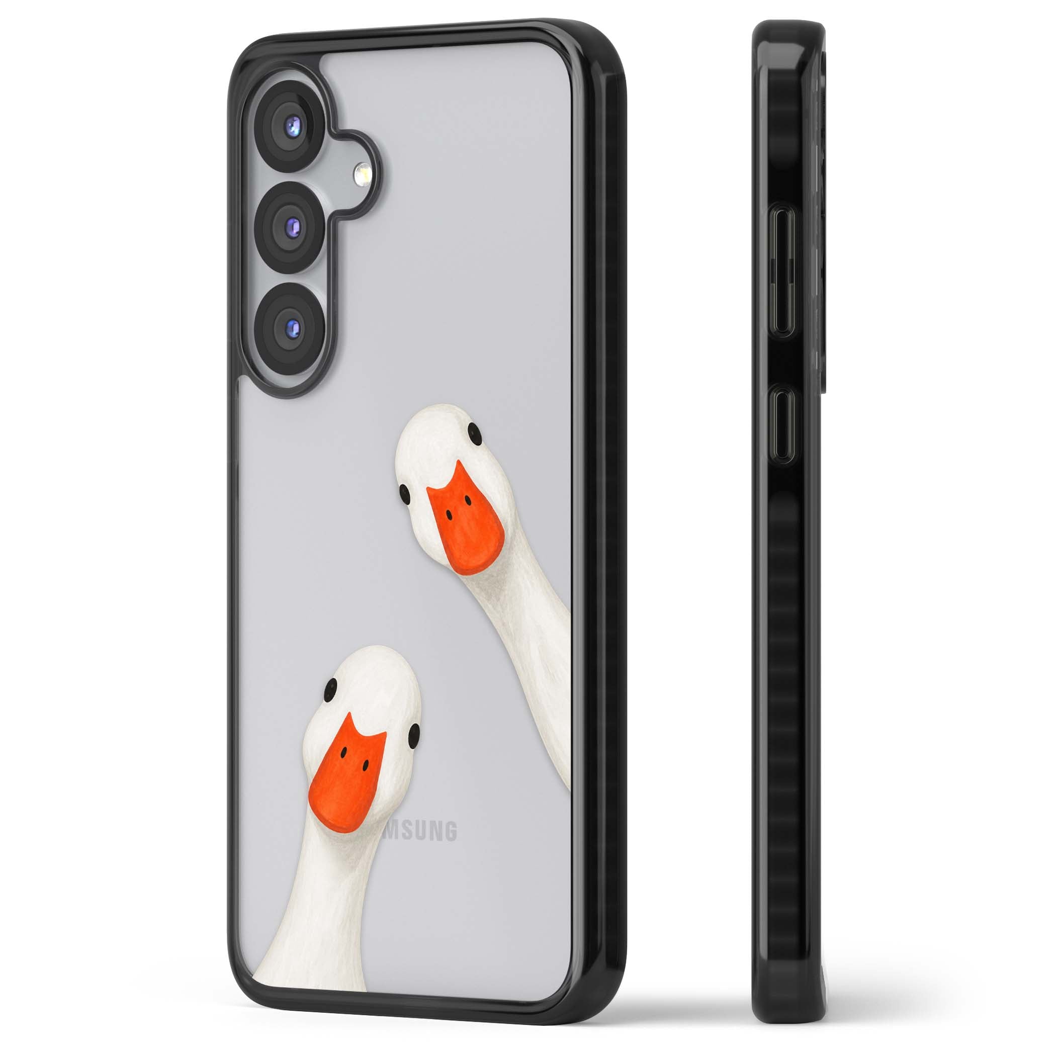 Nosy Ducks cottagecore iPhone case featuring two peeking white ducks with orange beaks on a clear background | Black Impact case for Samsung Galaxy S25, Samsung Galaxy S25 Plus