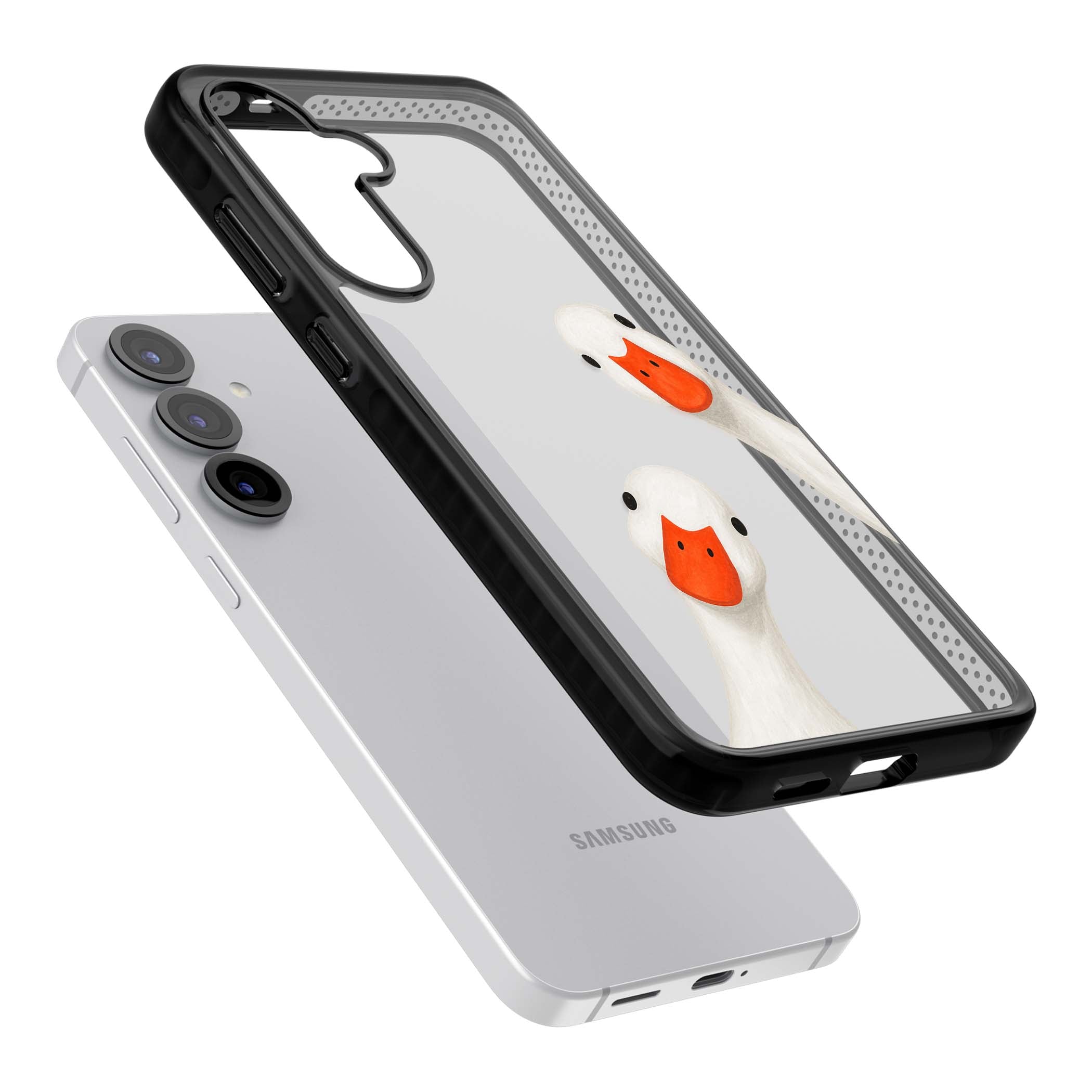 Nosy Ducks cottagecore iPhone case featuring two peeking white ducks with orange beaks on a clear background | Black Impact case for Samsung Galaxy S25, Samsung Galaxy S25 Plus
