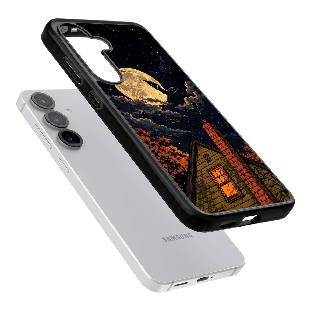 Hollows Eve Halloween iPhone case featuring a haunted house, full moon and flying bats against a starry autumn sky | Black Impact case for Samsung Galaxy S25, Samsung Galaxy S25 Plus
