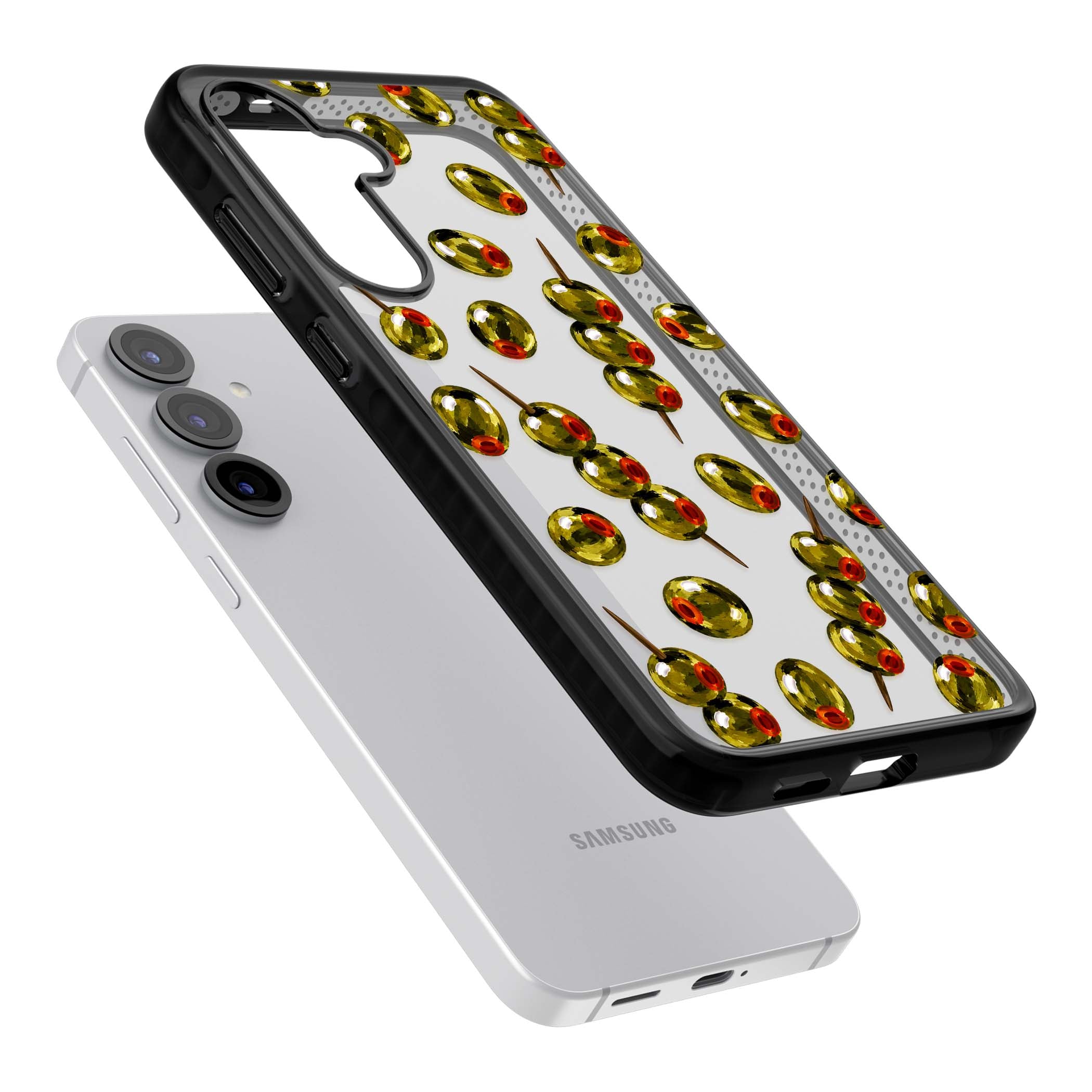 Painted Olives cocktail iPhone case featuring green olives, pimento centres and toothpick skewers on a clear background | Black Impact case for Samsung Galaxy S25, Samsung Galaxy S25 Plus